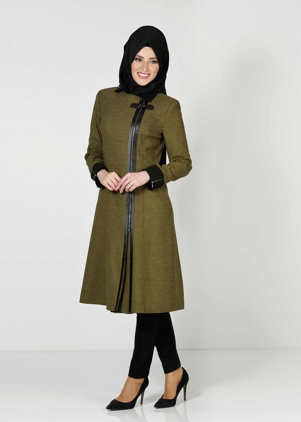 Tesettür giyim YEŞİL FERMUARLI TRENÇKOT 1593 
