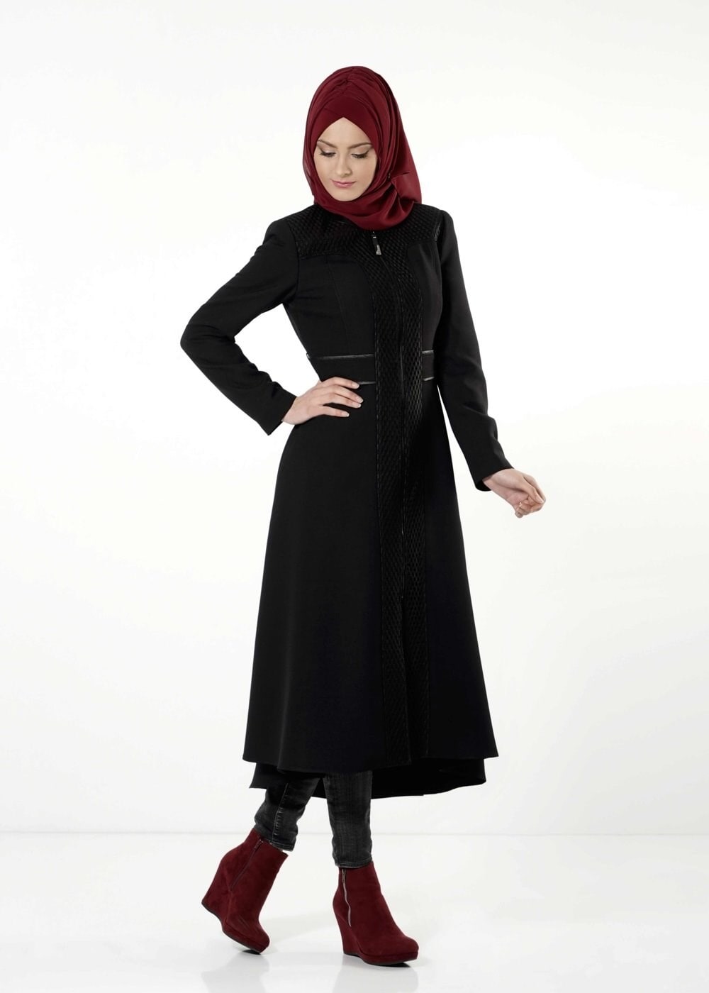 Tesettür giyim SİYAH FİLE DETAYLI TRENÇKOT 1595 
