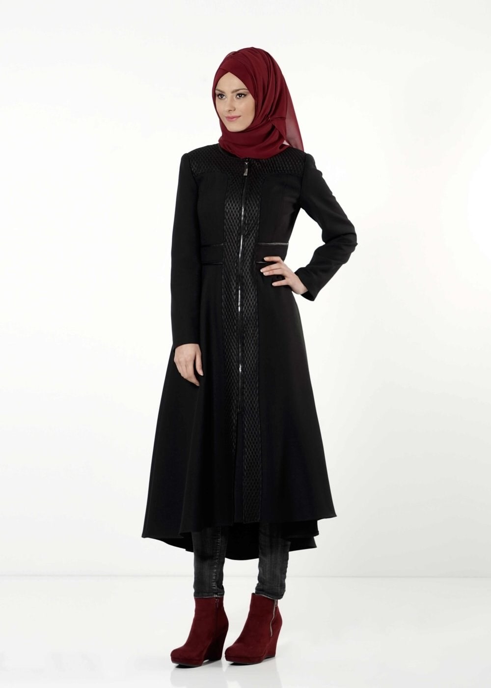 Tesettür giyim SİYAH FİLE DETAYLI TRENÇKOT 1595 