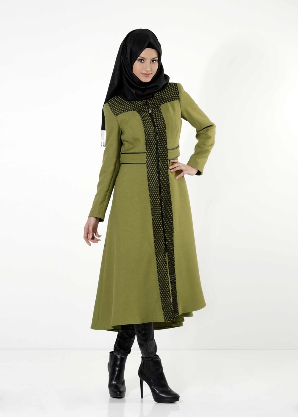 Tesettür giyim YEŞİL FİLE DETAYLI TRENÇKOT 1595 