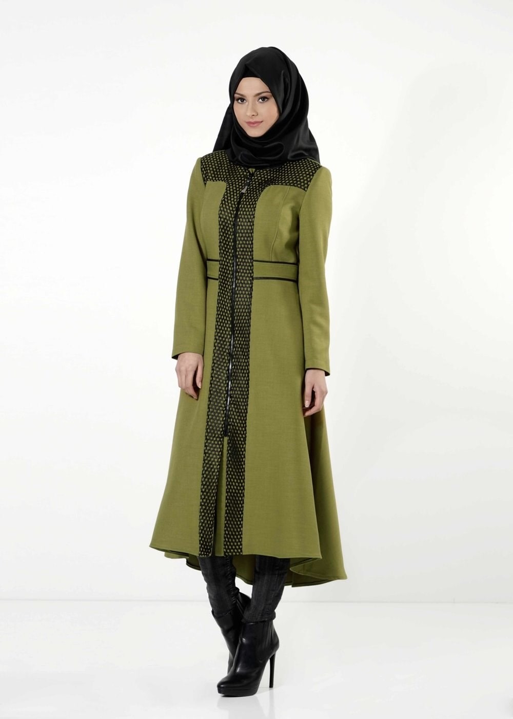 Tesettür giyim YEŞİL FİLE DETAYLI TRENÇKOT 1595 