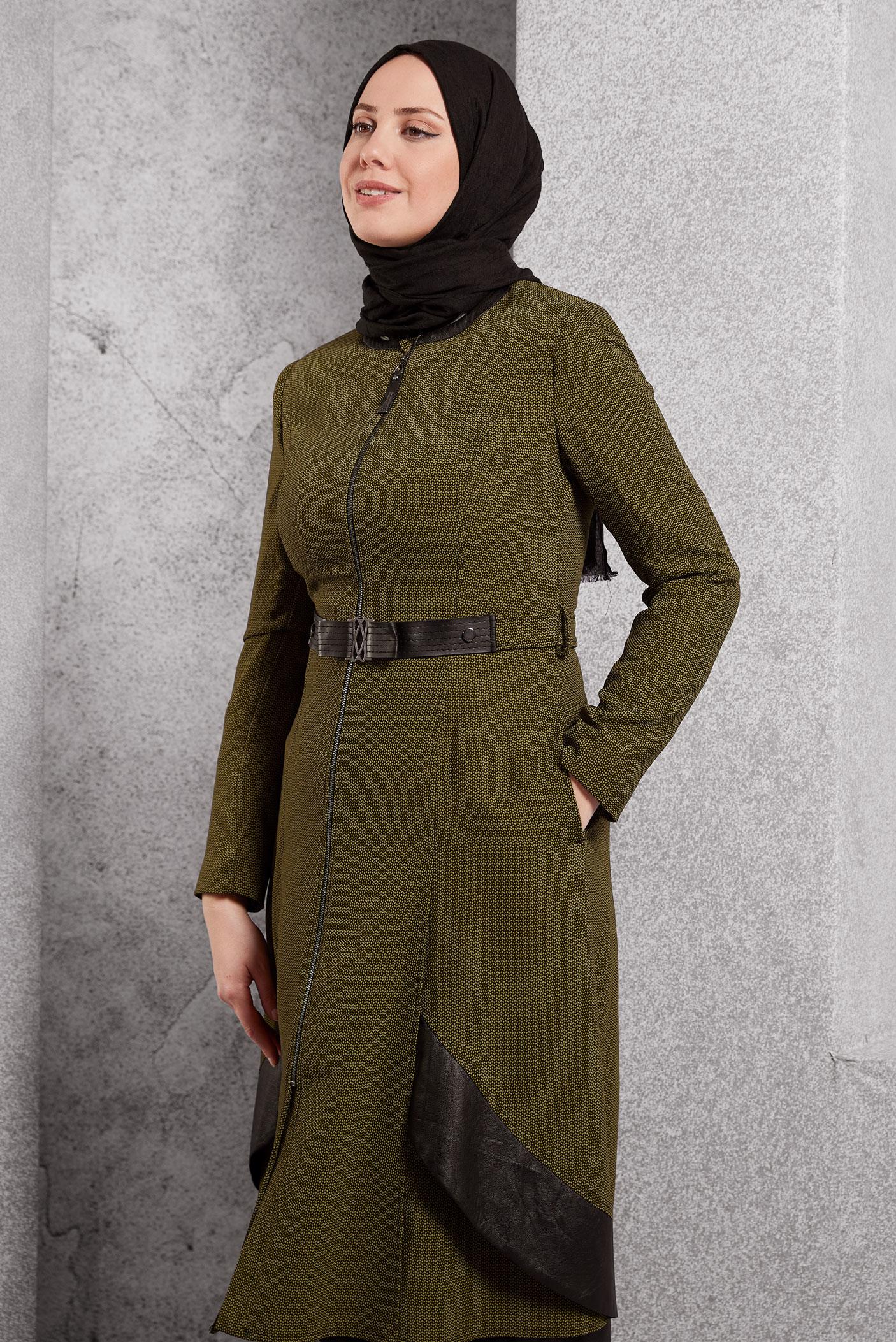 Tesettür giyim SARI DERİ DETAYLI TRENÇKOT 1596 