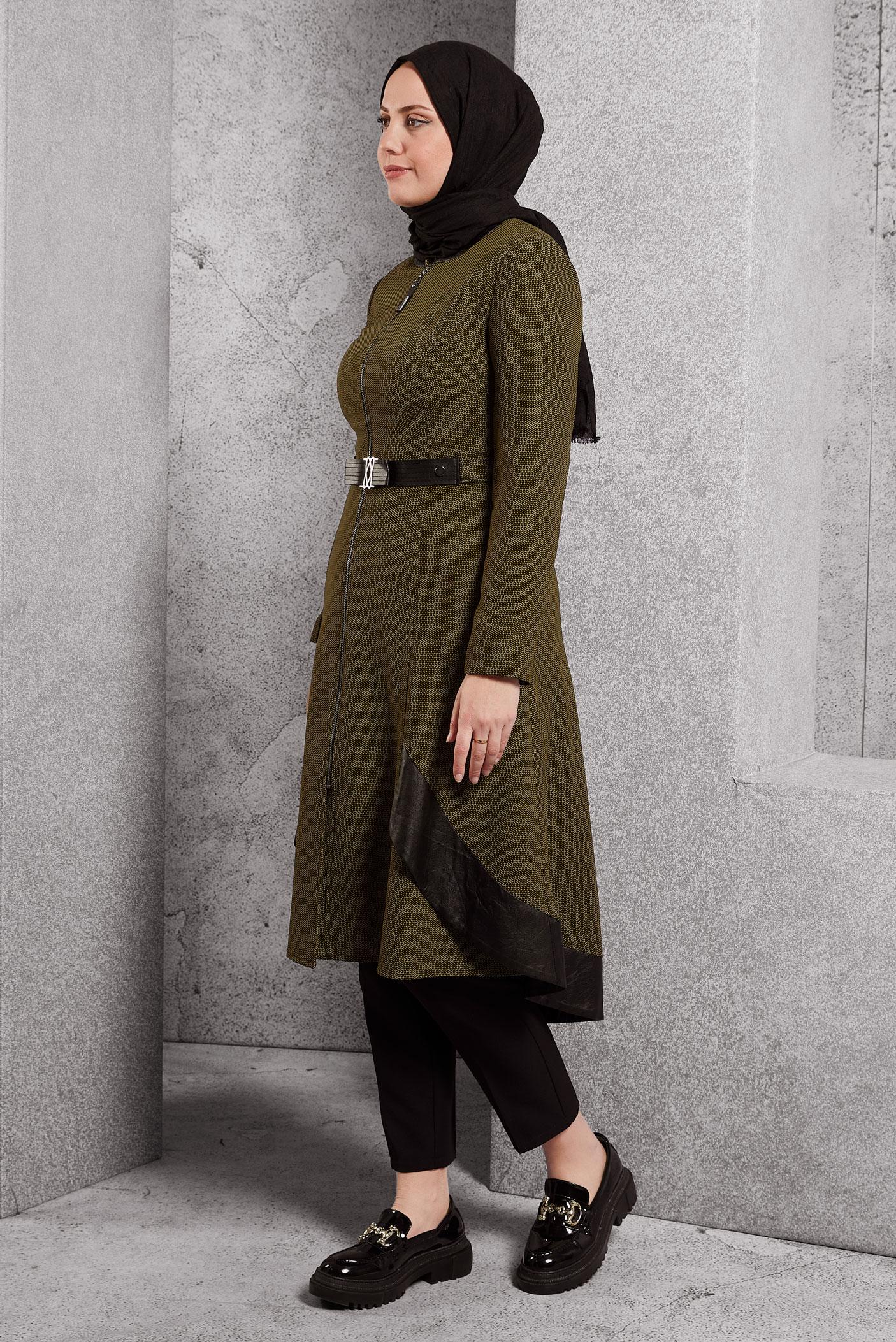 Tesettür giyim SARI DERİ DETAYLI TRENÇKOT 1596 