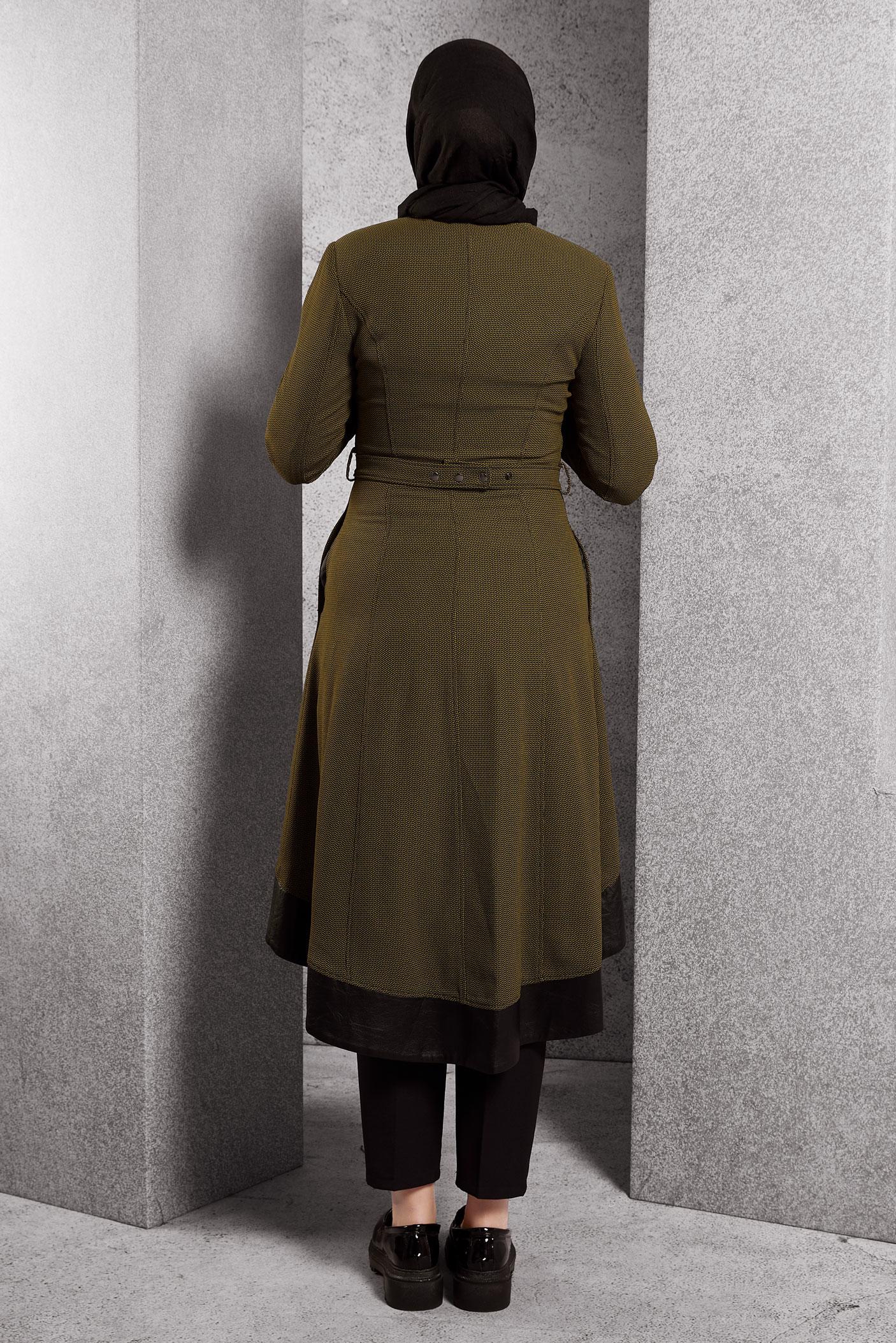 Tesettür giyim SARI DERİ DETAYLI TRENÇKOT 1596 