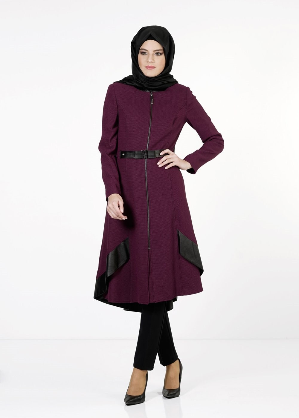 Tesettür giyim FUŞYA DERİ DETAYLI TRENÇKOT 1596 