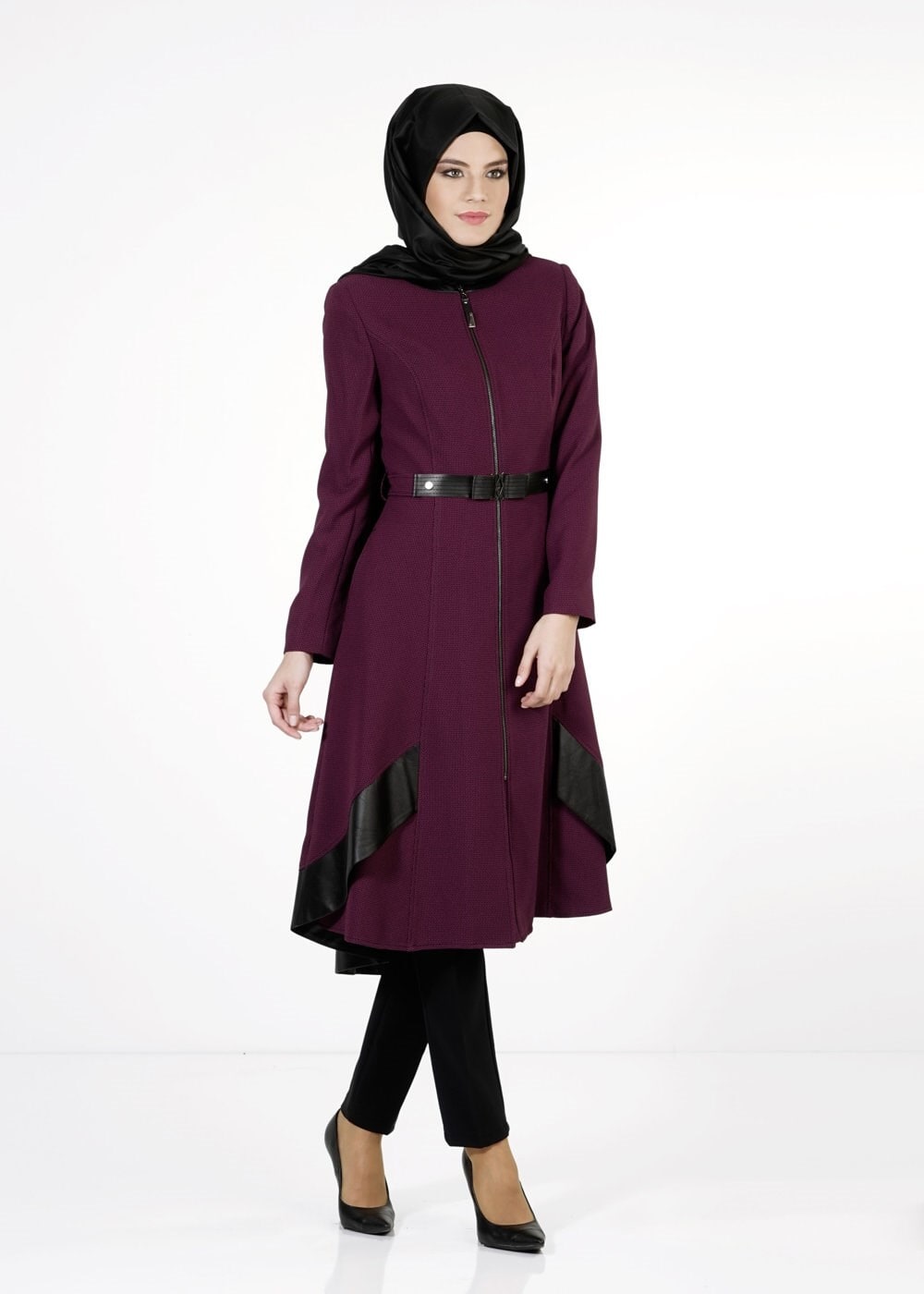 Tesettür giyim FUŞYA DERİ DETAYLI TRENÇKOT 1596 