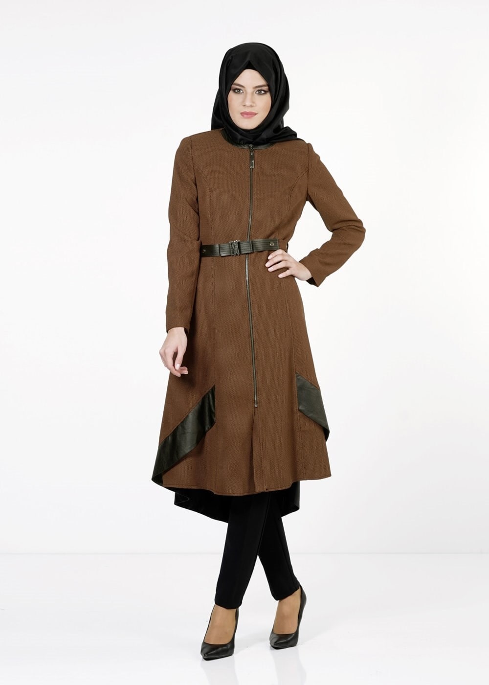 Tesettür giyim TABA DERİ DETAYLI TRENÇKOT 1596 