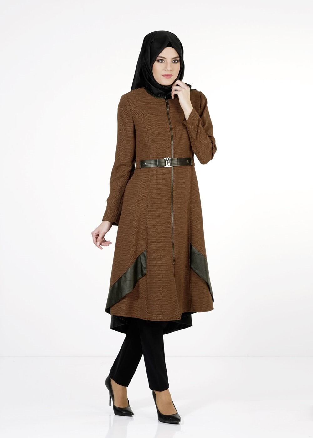 Tesettür giyim TABA DERİ DETAYLI TRENÇKOT 1596 