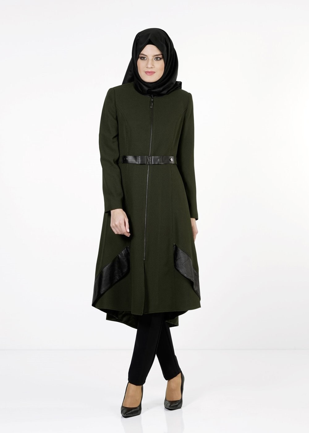 Tesettür giyim YEŞİL DERİ DETAYLI TRENÇKOT 1596 