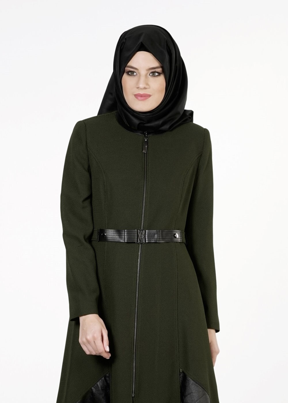 Tesettür giyim YEŞİL DERİ DETAYLI TRENÇKOT 1596 