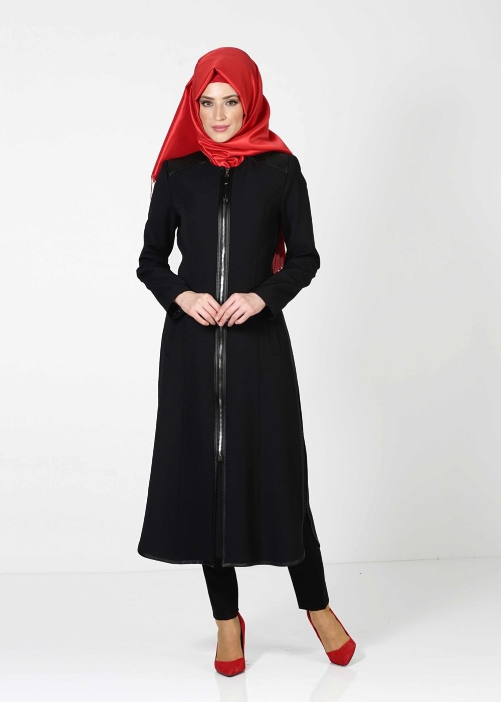 Tesettür giyim SİYAH FERMUARLI TRENÇKOT 1597 