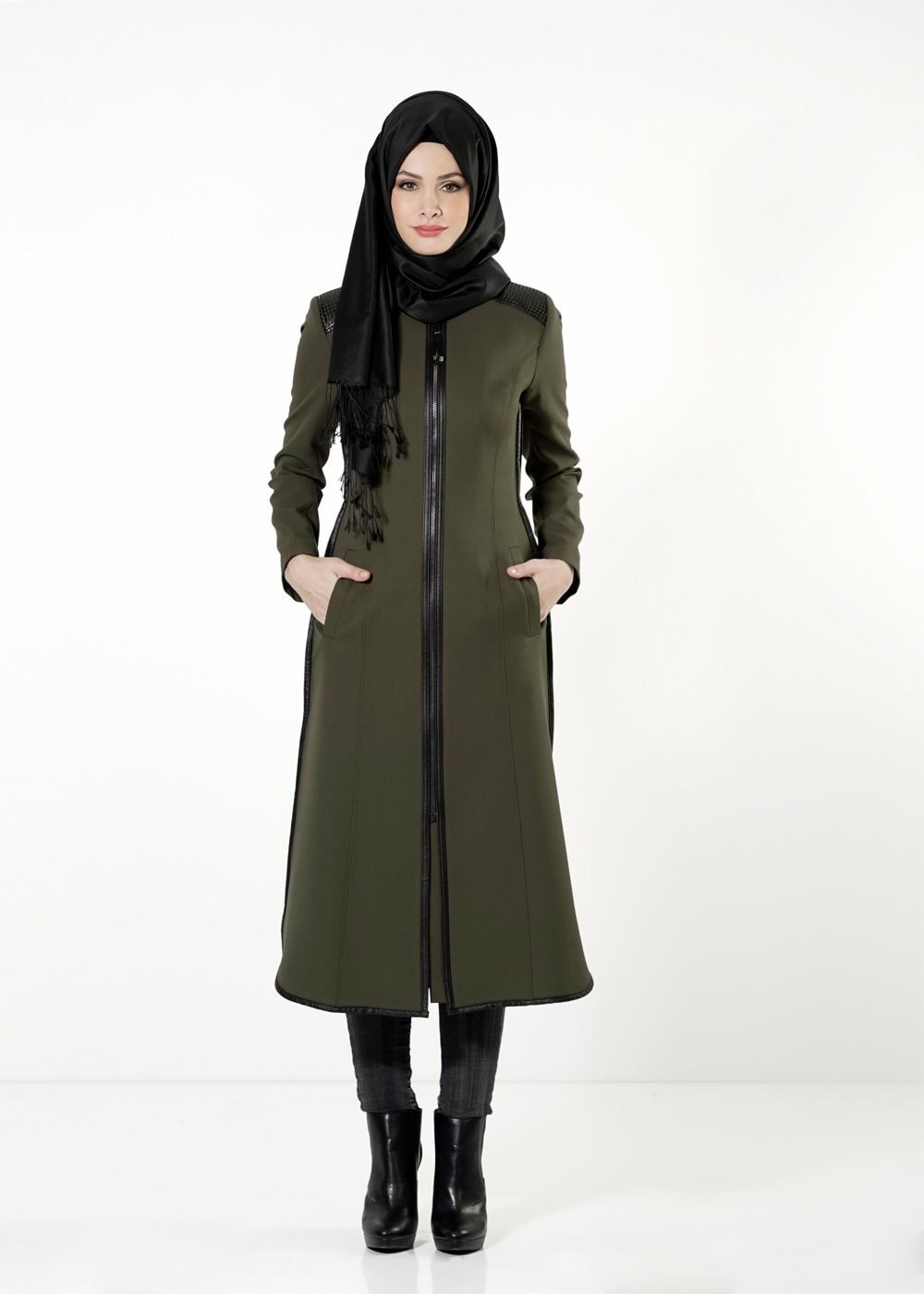 Tesettür giyim HAKİ FERMUARLI TRENÇKOT 1597 