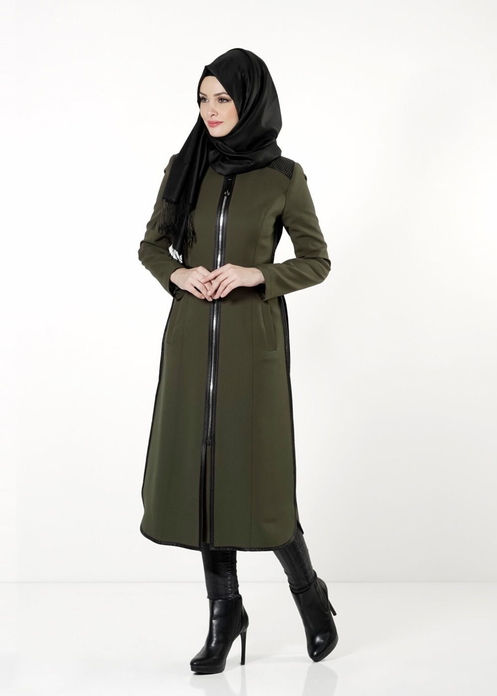 Tesettür giyim HAKİ FERMUARLI TRENÇKOT 1597 