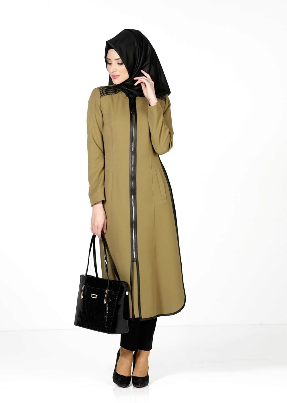 Tesettür giyim YEŞİL FERMUARLI TRENÇKOT 1597 
