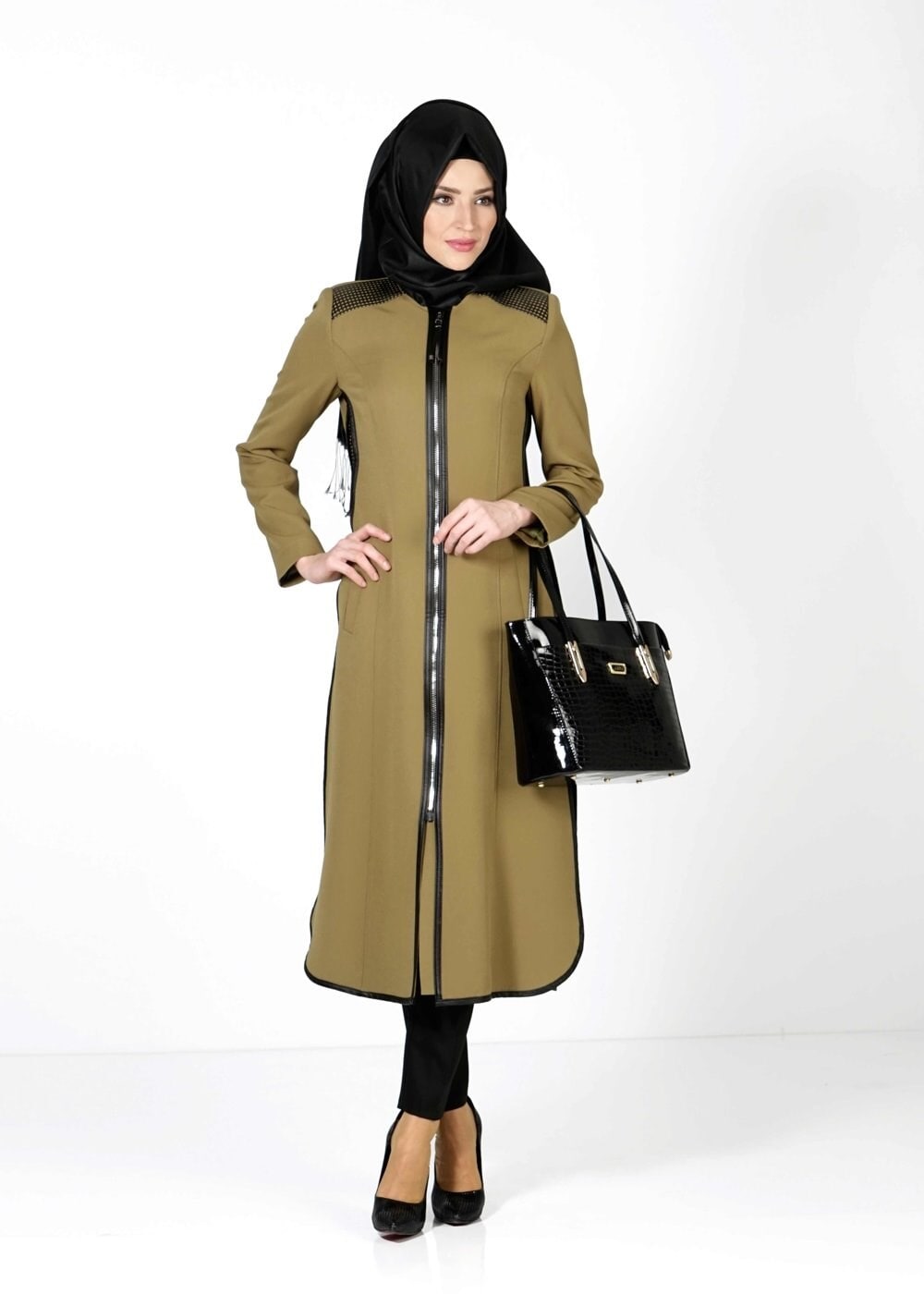 Tesettür giyim YEŞİL FERMUARLI TRENÇKOT 1597 