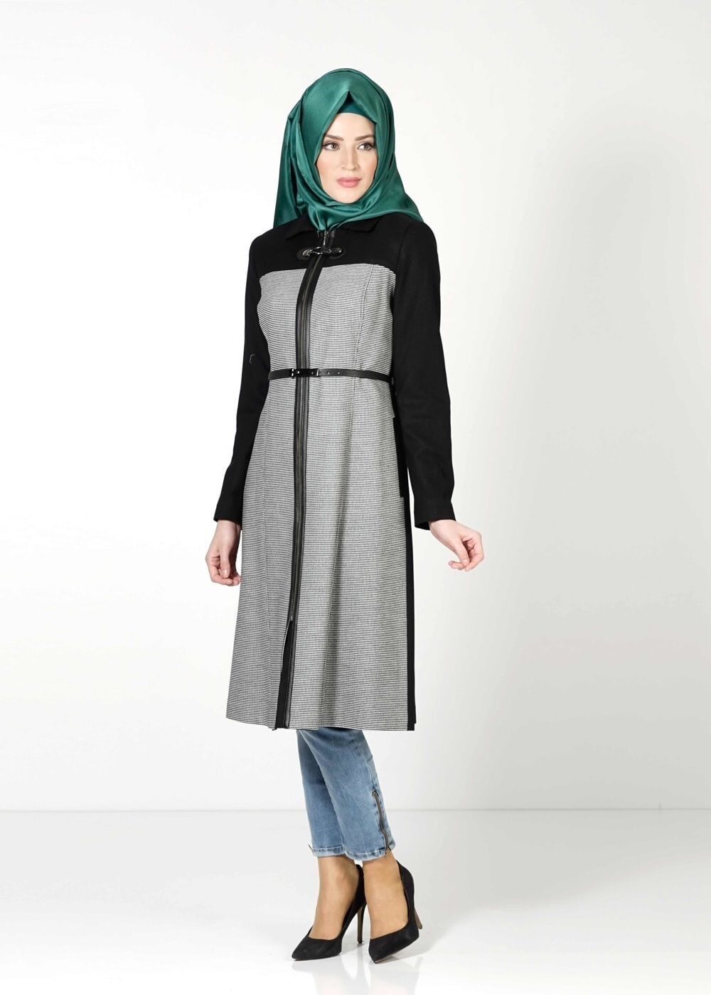 Tesettür giyim SİYAH İKİ RENKLİ TRENÇKOT 1599 
