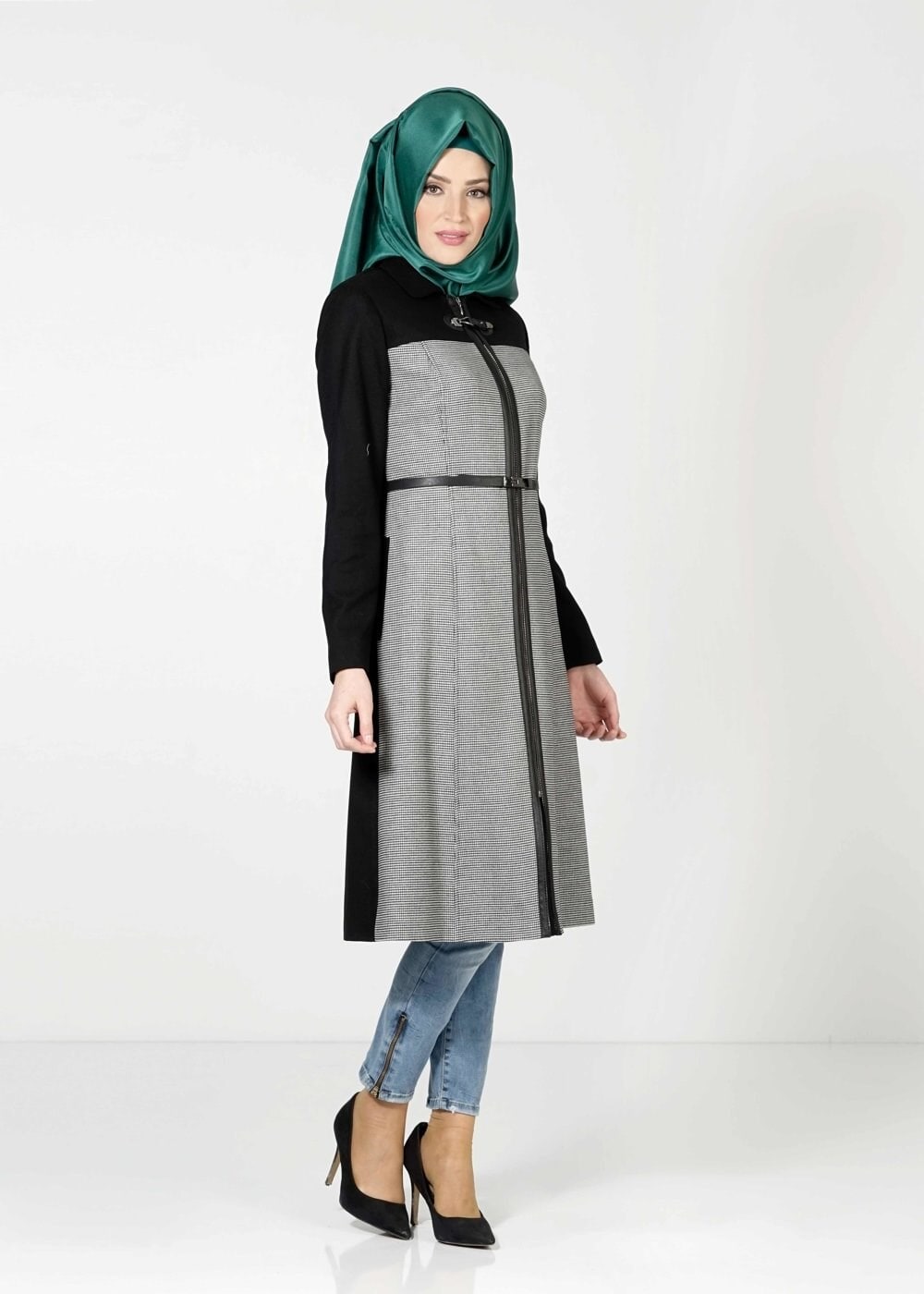 Tesettür giyim SİYAH İKİ RENKLİ TRENÇKOT 1599 