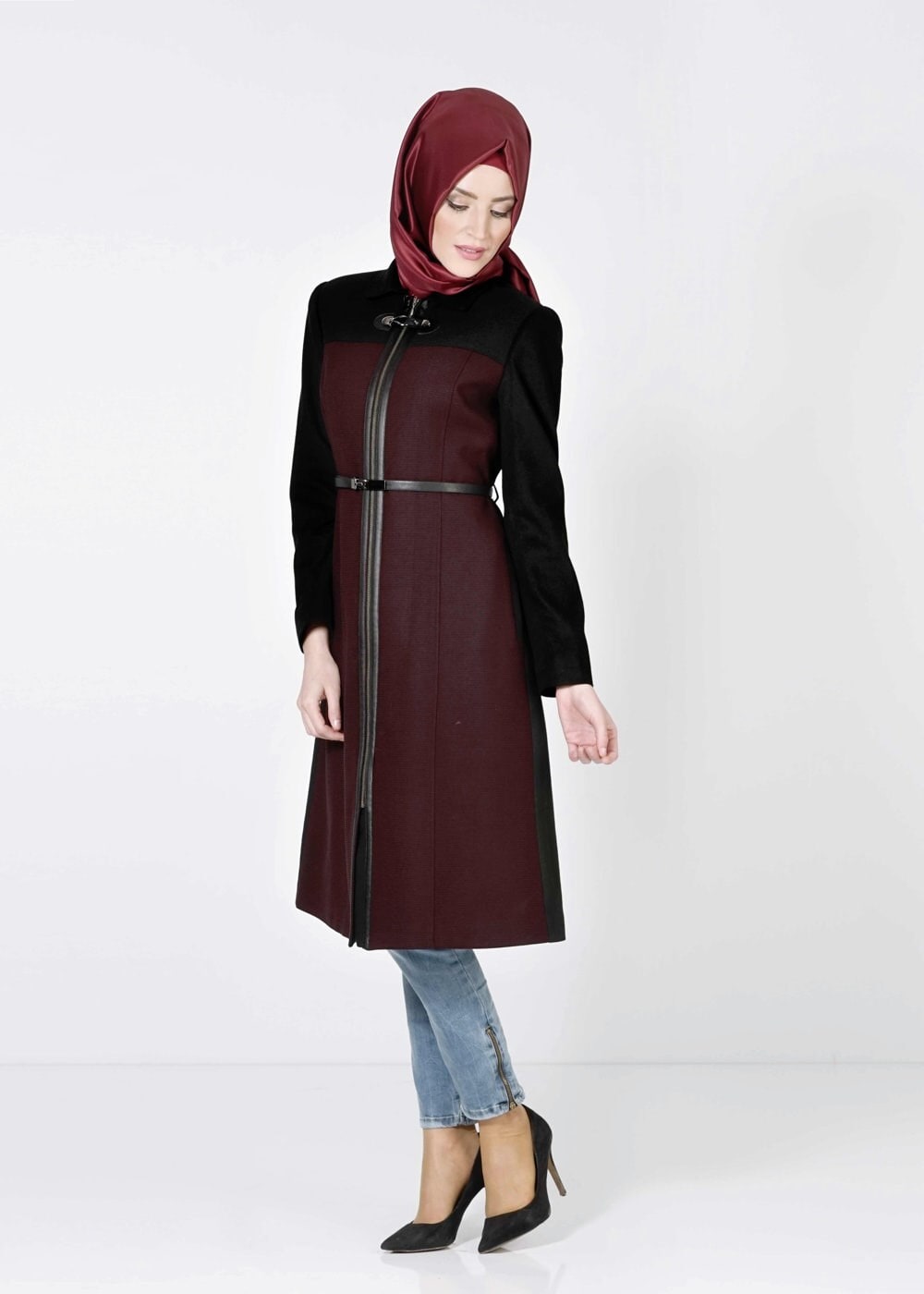Tesettür giyim BORDO İKİ RENKLİ TRENÇKOT 1599 