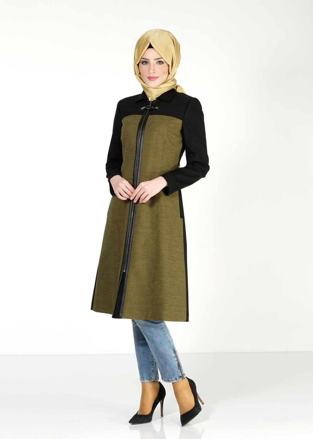 Tesettür giyim YEŞİL İKİ RENKLİ TRENÇKOT 1599 