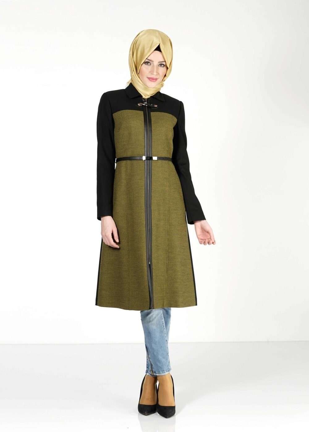 Tesettür giyim YEŞİL İKİ RENKLİ TRENÇKOT 1599 