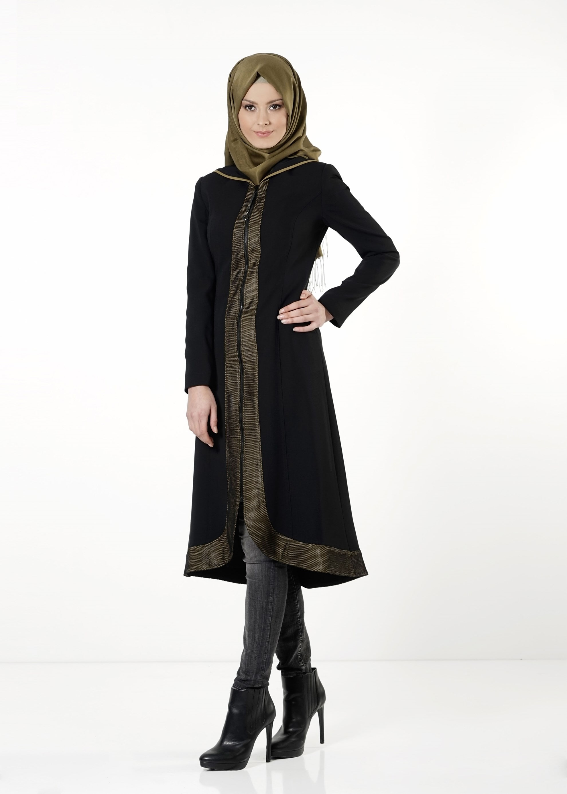 Tesettür giyim SİYAH DERİ DETAYLI FERMUARLI TRENÇKOT 1603 