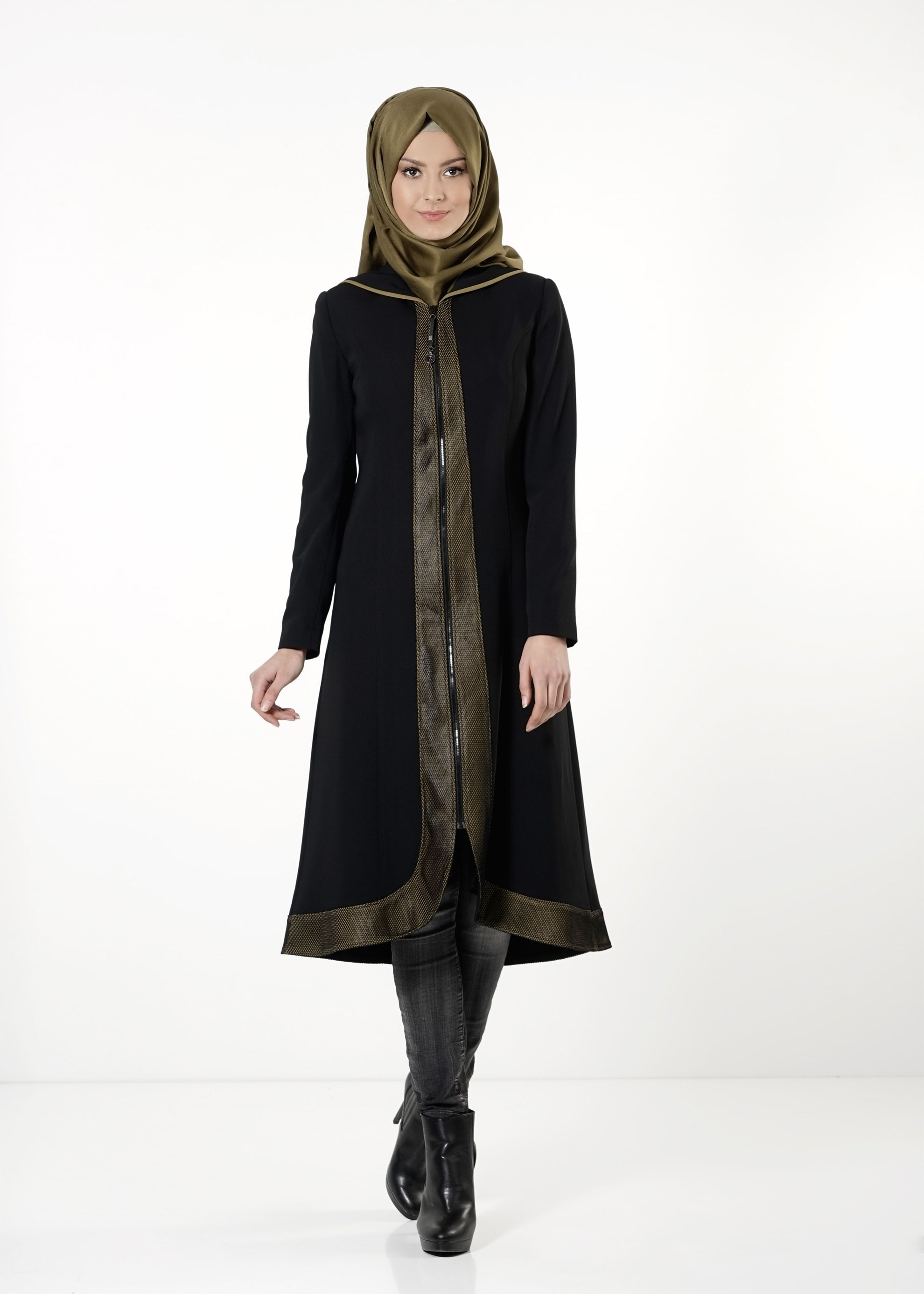 Tesettür giyim SİYAH DERİ DETAYLI FERMUARLI TRENÇKOT 1603 