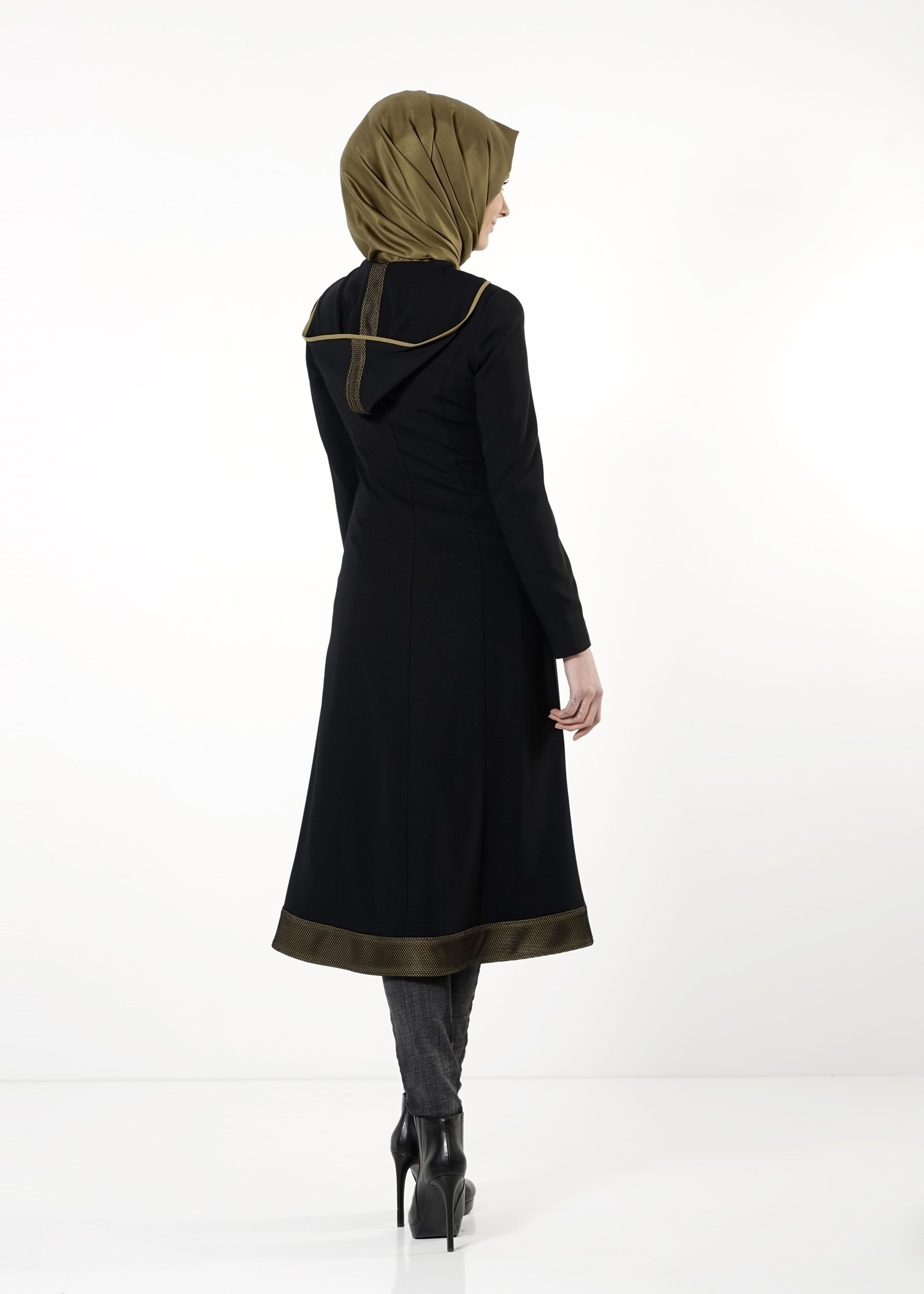 Tesettür giyim SİYAH DERİ DETAYLI FERMUARLI TRENÇKOT 1603 