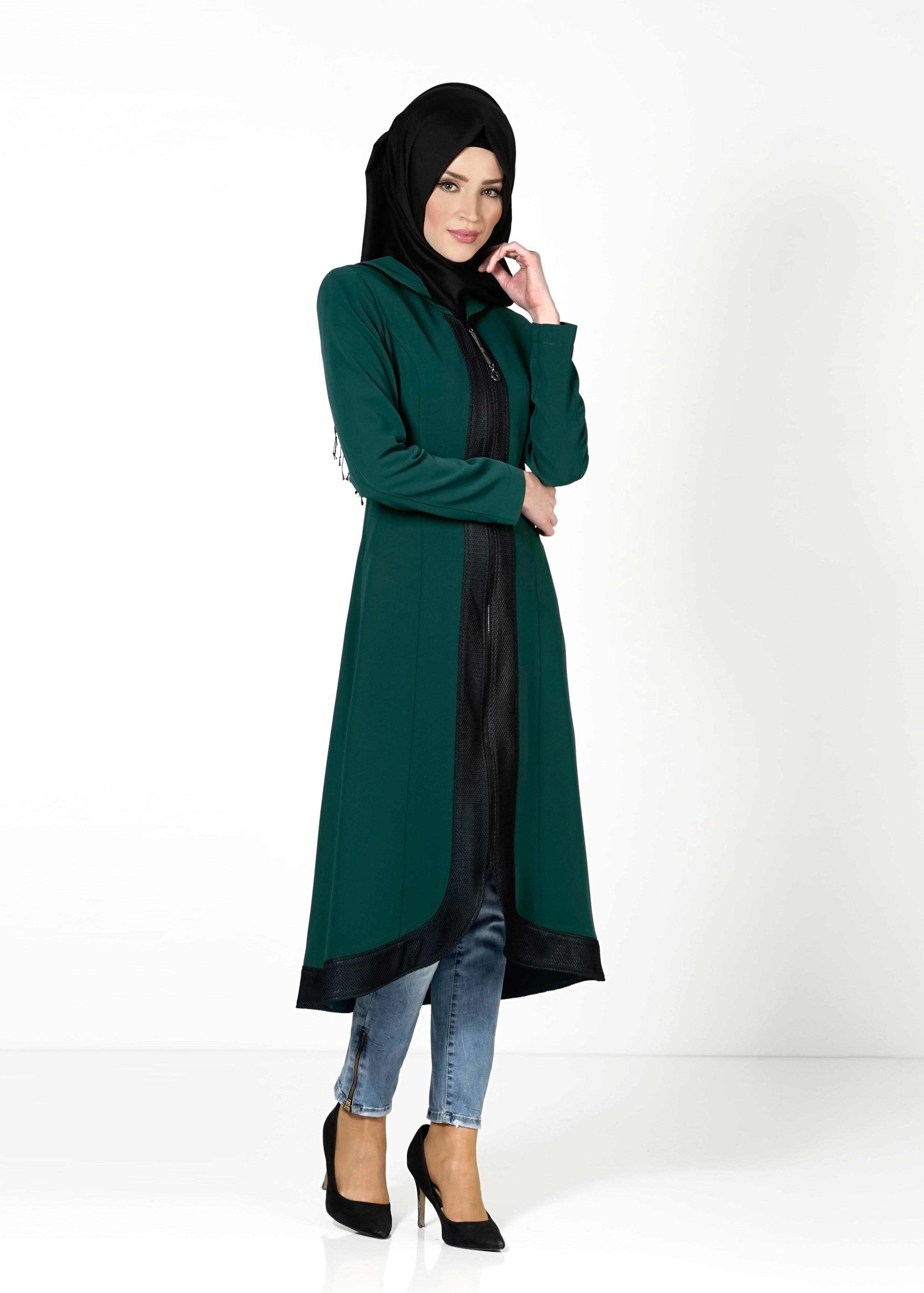 Tesettür giyim YEŞİL DERİ DETAYLI FERMUARLI TRENÇKOT 1603 