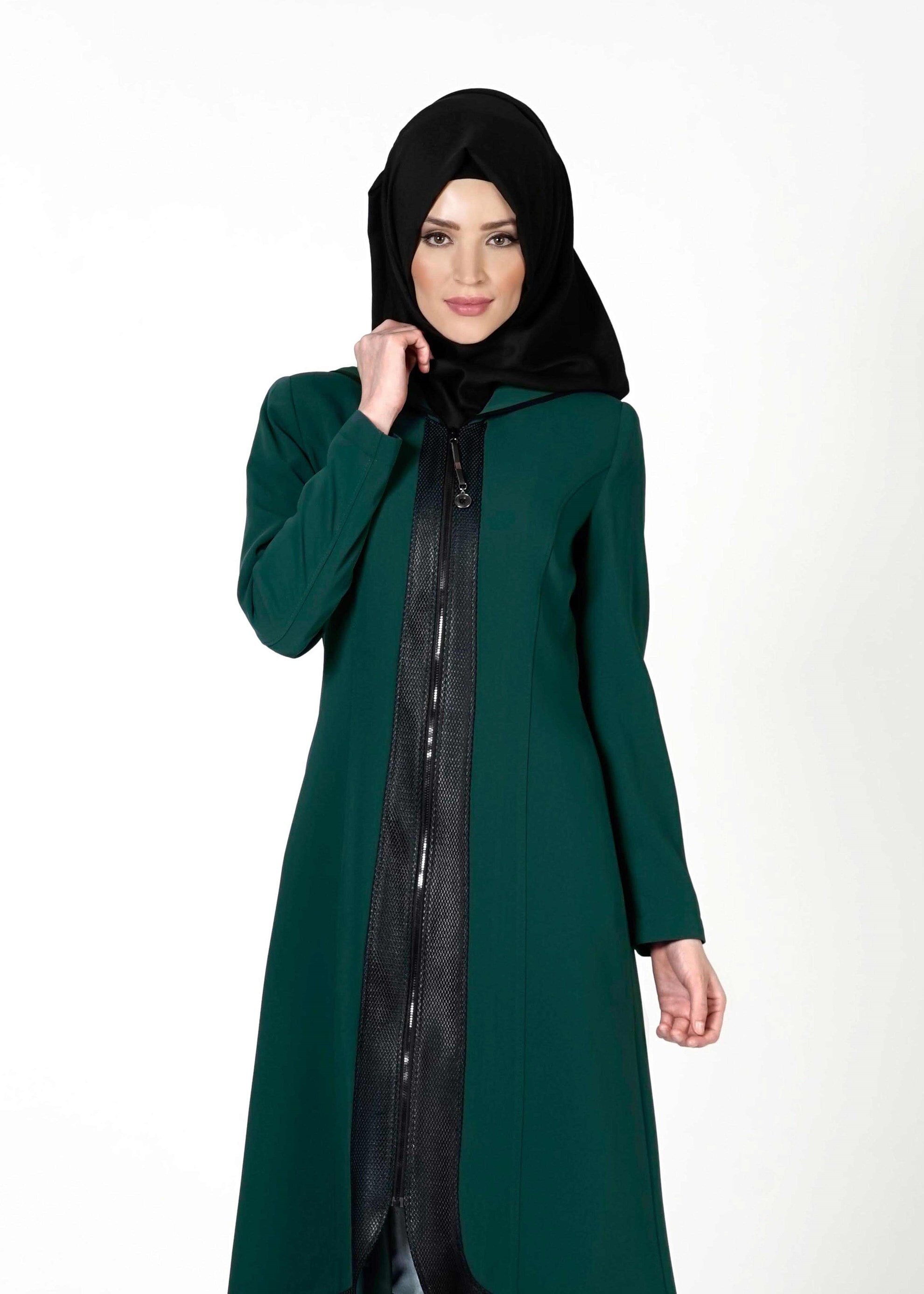 Tesettür giyim YEŞİL DERİ DETAYLI FERMUARLI TRENÇKOT 1603 