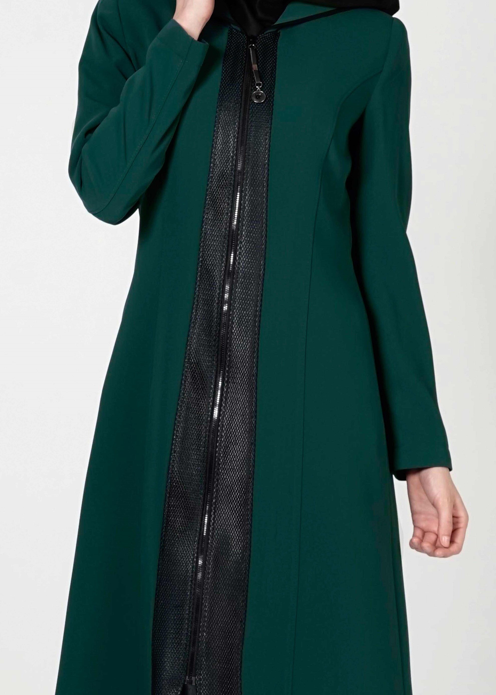 Tesettür giyim YEŞİL DERİ DETAYLI FERMUARLI TRENÇKOT 1603 