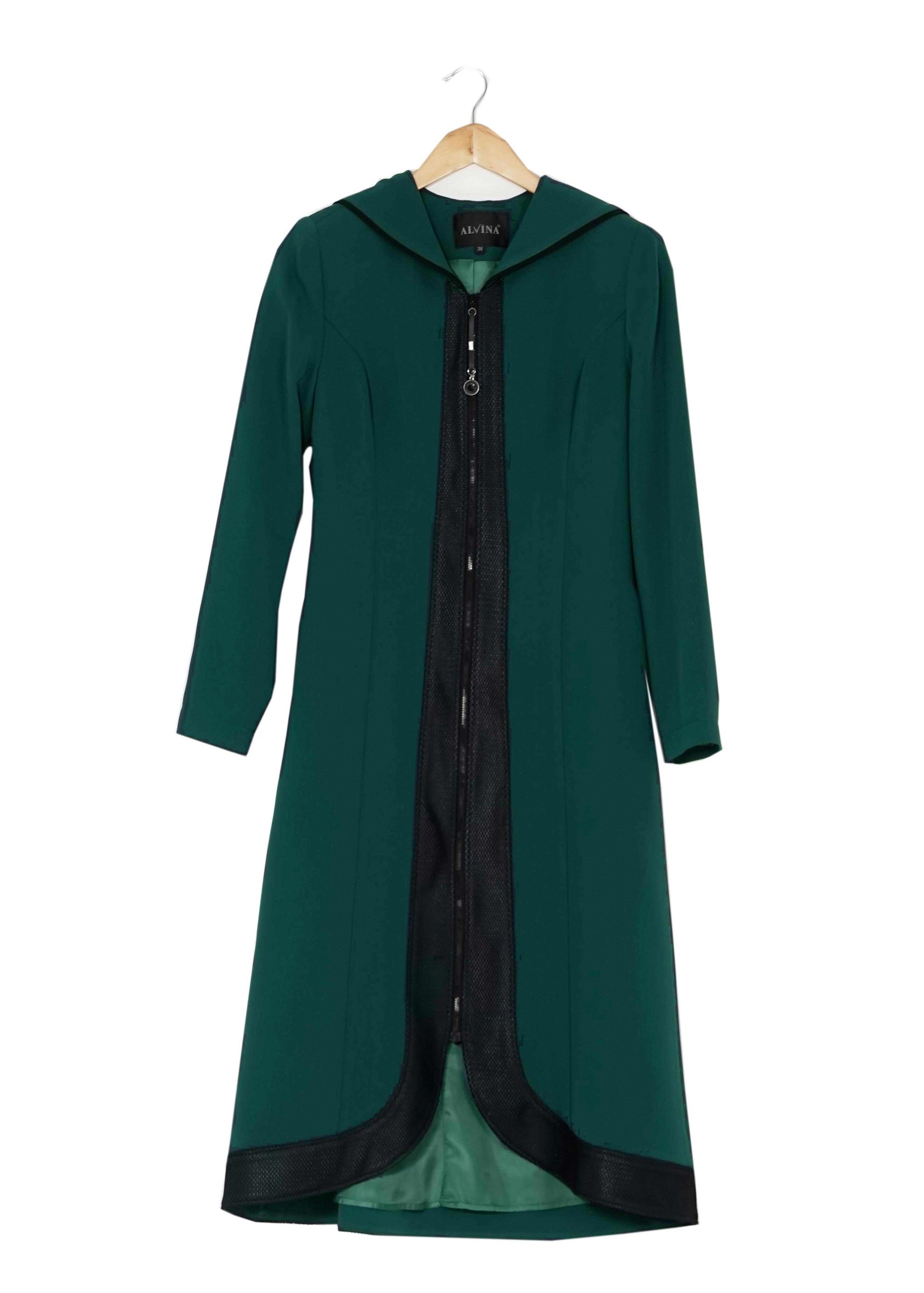 Tesettür giyim YEŞİL DERİ DETAYLI FERMUARLI TRENÇKOT 1603 