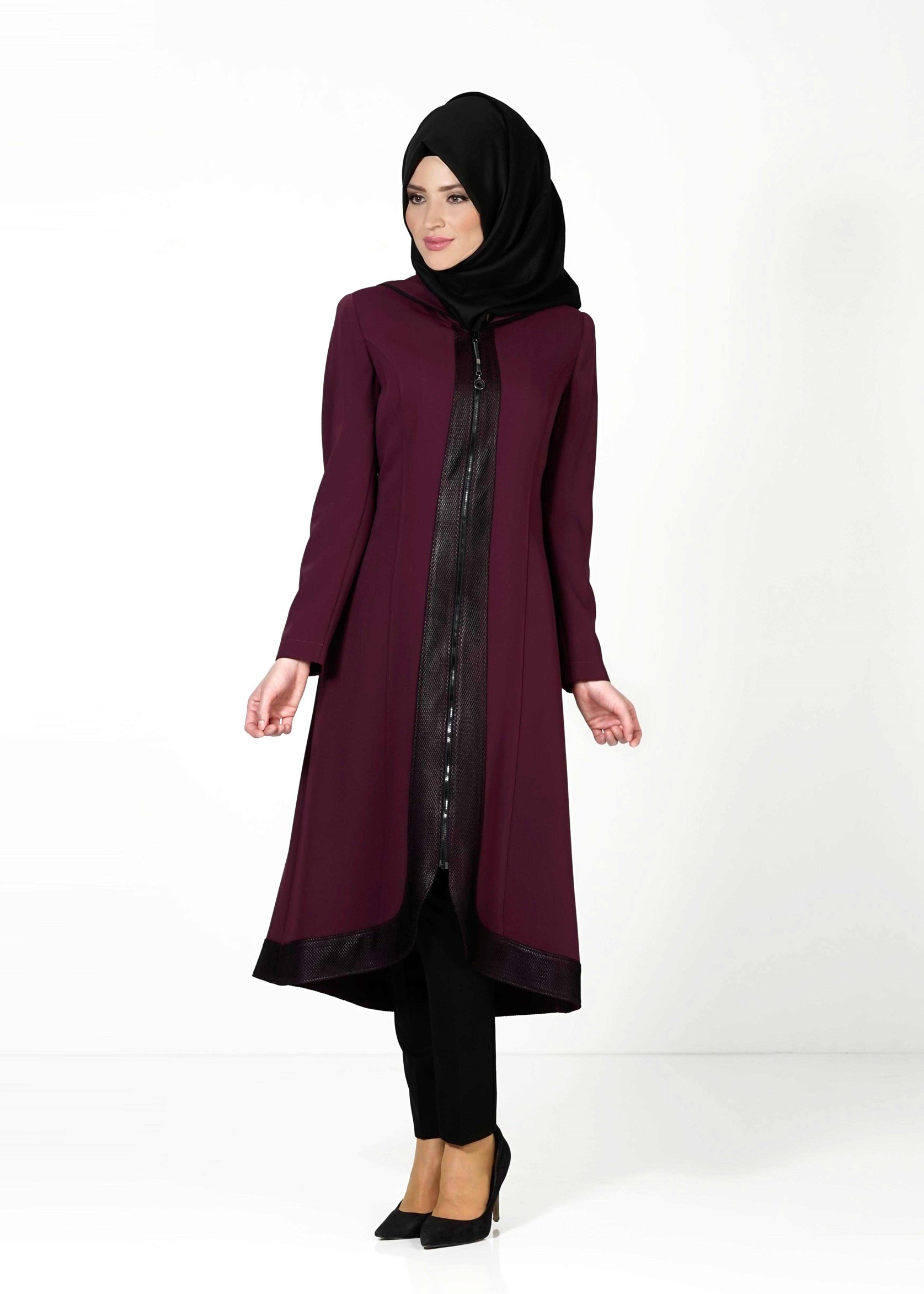 Tesettür giyim MÜRDÜM DERİ DETAYLI FERMUARLI TRENÇKOT 1603 