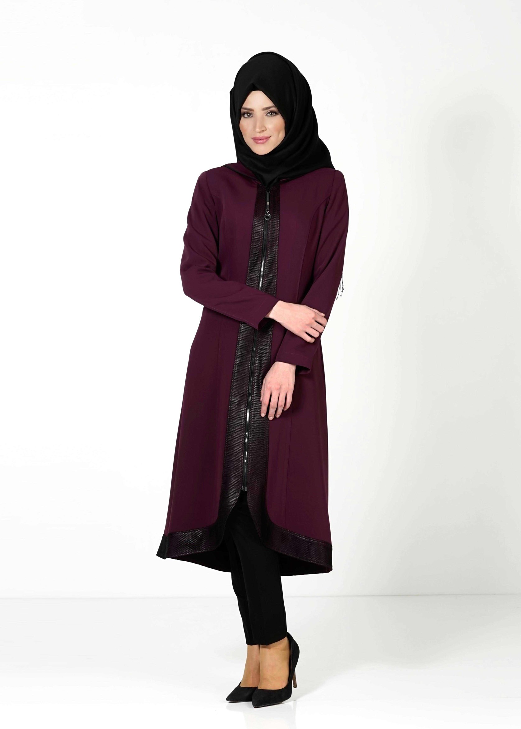 Tesettür giyim MÜRDÜM DERİ DETAYLI FERMUARLI TRENÇKOT 1603 