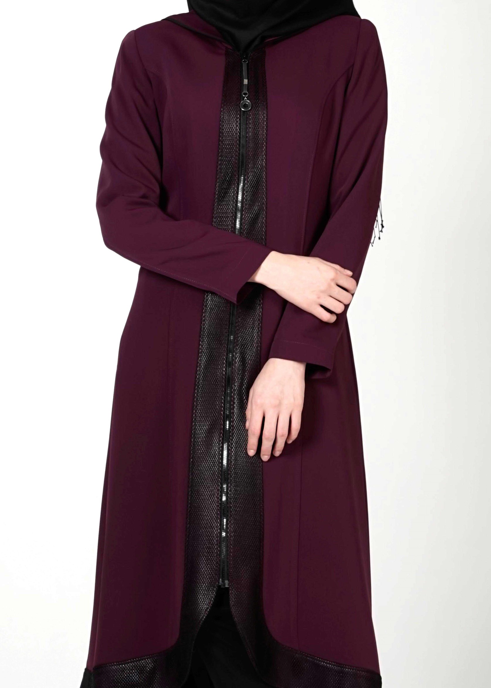 Tesettür giyim MÜRDÜM DERİ DETAYLI FERMUARLI TRENÇKOT 1603 