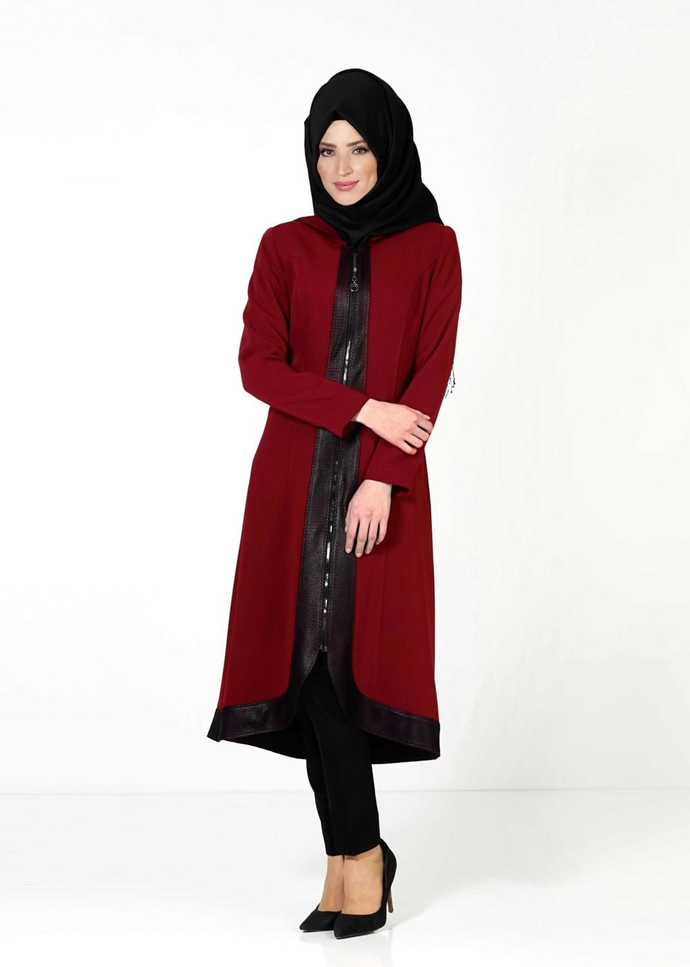 Tesettür giyim BORDO DERİ DETAYLI FERMUARLI TRENÇKOT 1603 