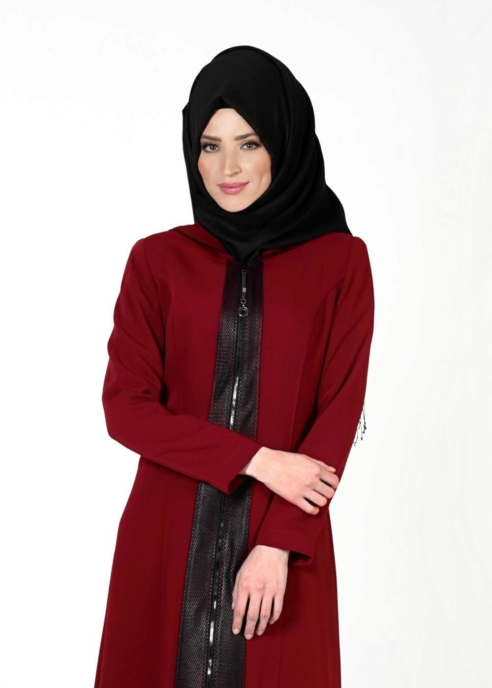 Tesettür giyim BORDO DERİ DETAYLI FERMUARLI TRENÇKOT 1603 