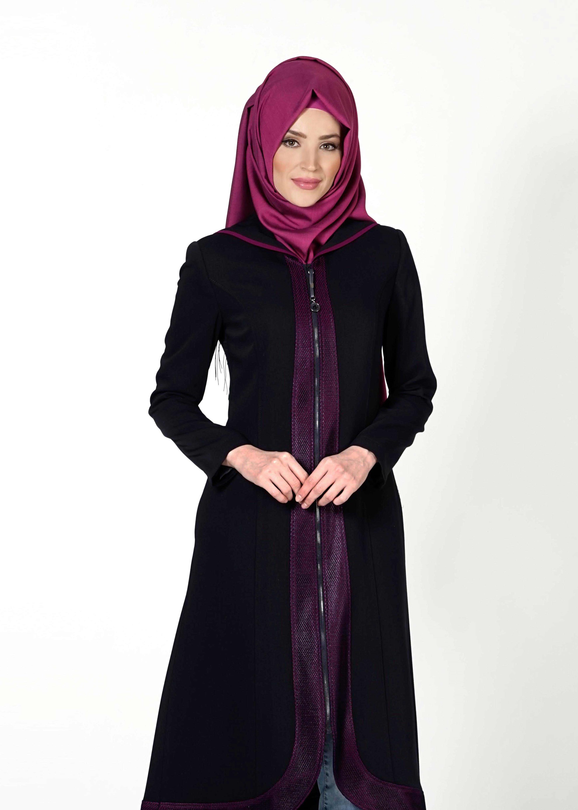 Tesettür giyim LACİVERT DERİ DETAYLI FERMUARLI TRENÇKOT 1603 