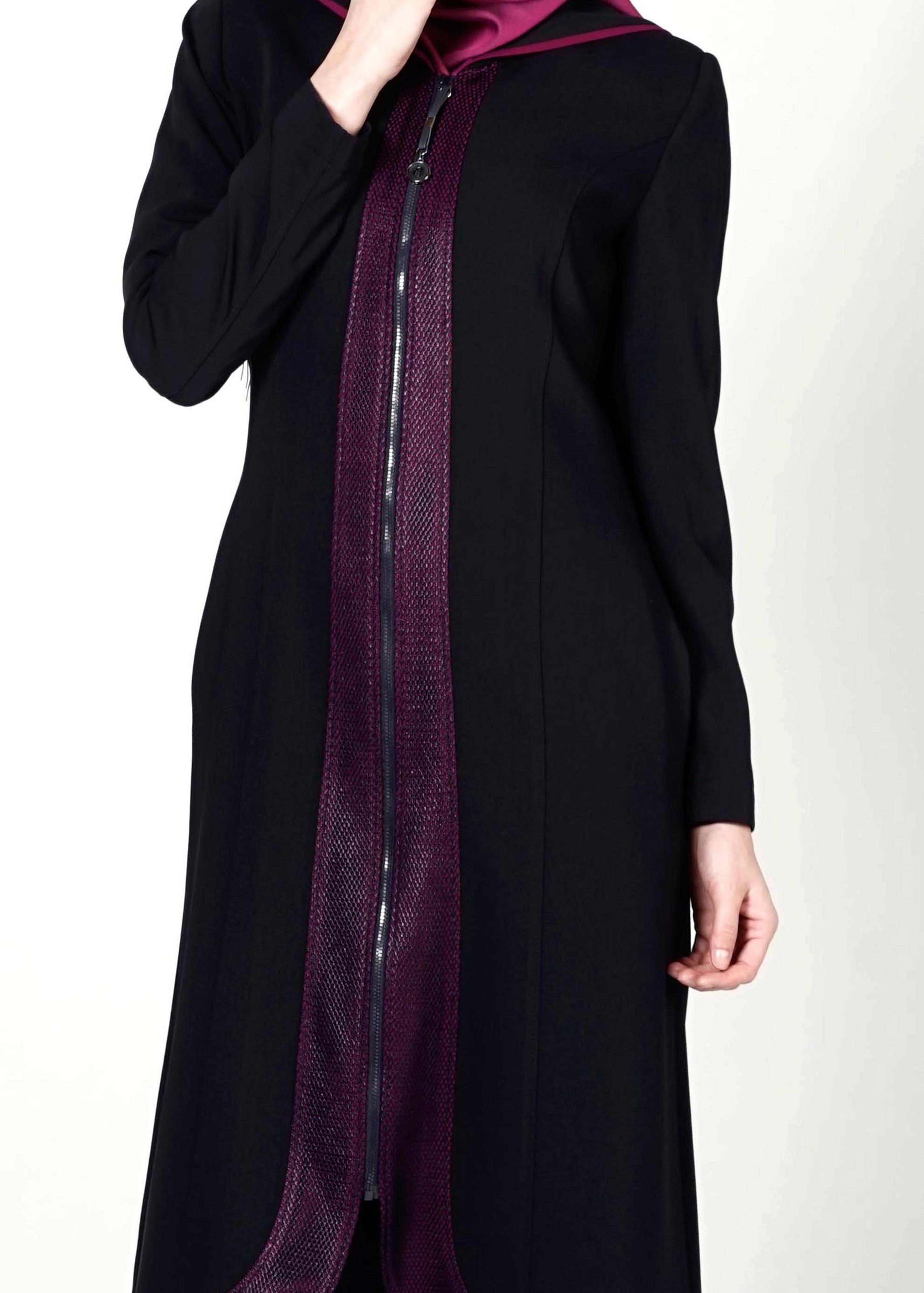 Tesettür giyim LACİVERT DERİ DETAYLI FERMUARLI TRENÇKOT 1603 