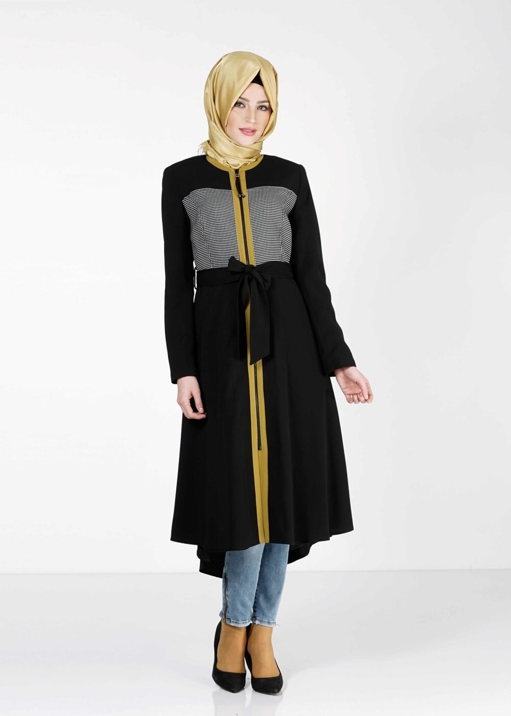 Tesettür giyim SİYAH BELİ KUŞAKLI ÇOK RENKLİ TRENÇKOT 1604 