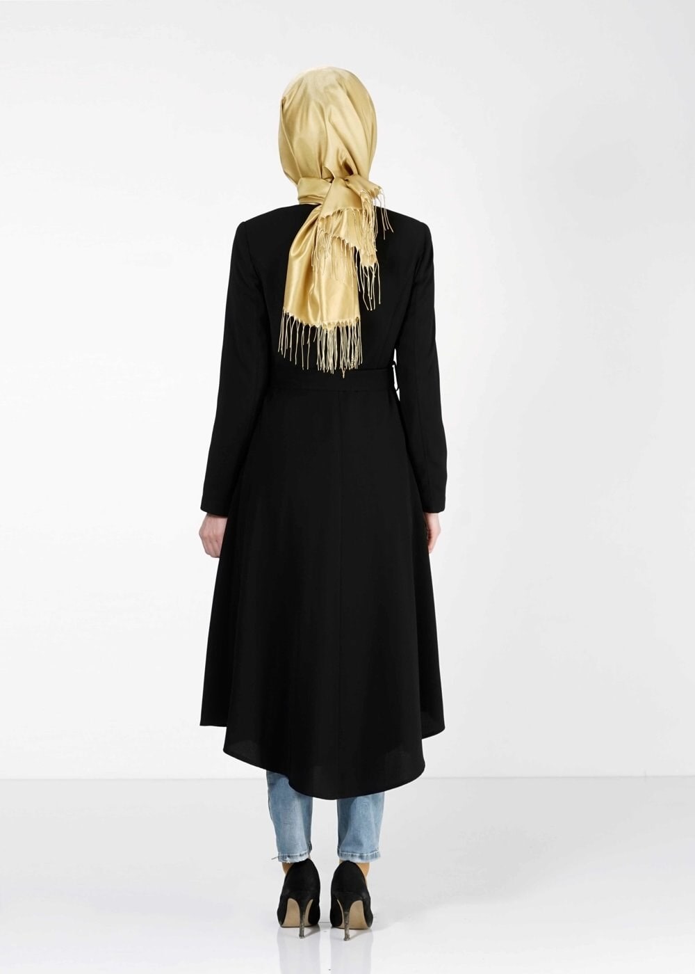 Tesettür giyim SİYAH BELİ KUŞAKLI ÇOK RENKLİ TRENÇKOT 1604 