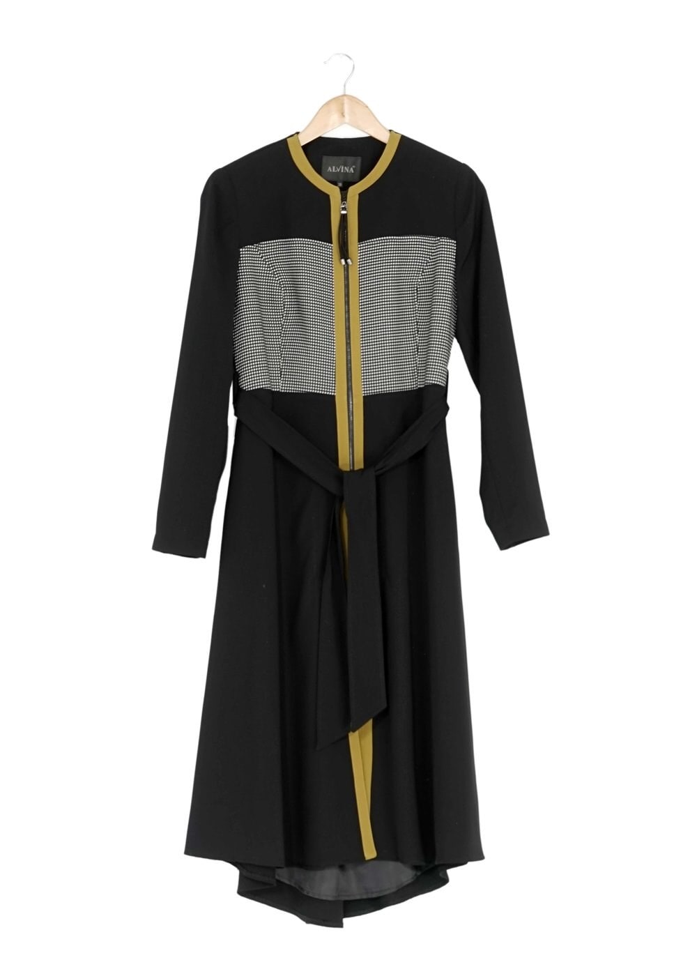 Tesettür giyim SİYAH BELİ KUŞAKLI ÇOK RENKLİ TRENÇKOT 1604 