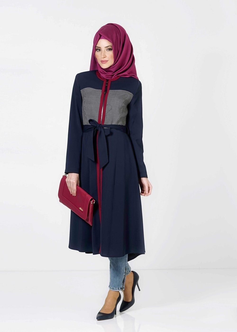 Tesettür giyim LACİVERT BELİ KUŞAKLI ÇOK RENKLİ TRENÇKOT 1604 