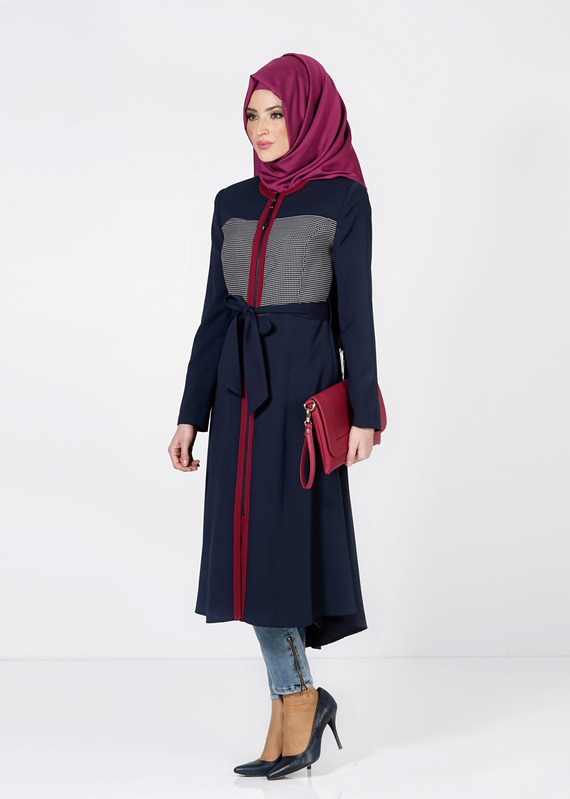 Tesettür giyim LACİVERT BELİ KUŞAKLI ÇOK RENKLİ TRENÇKOT 1604 
