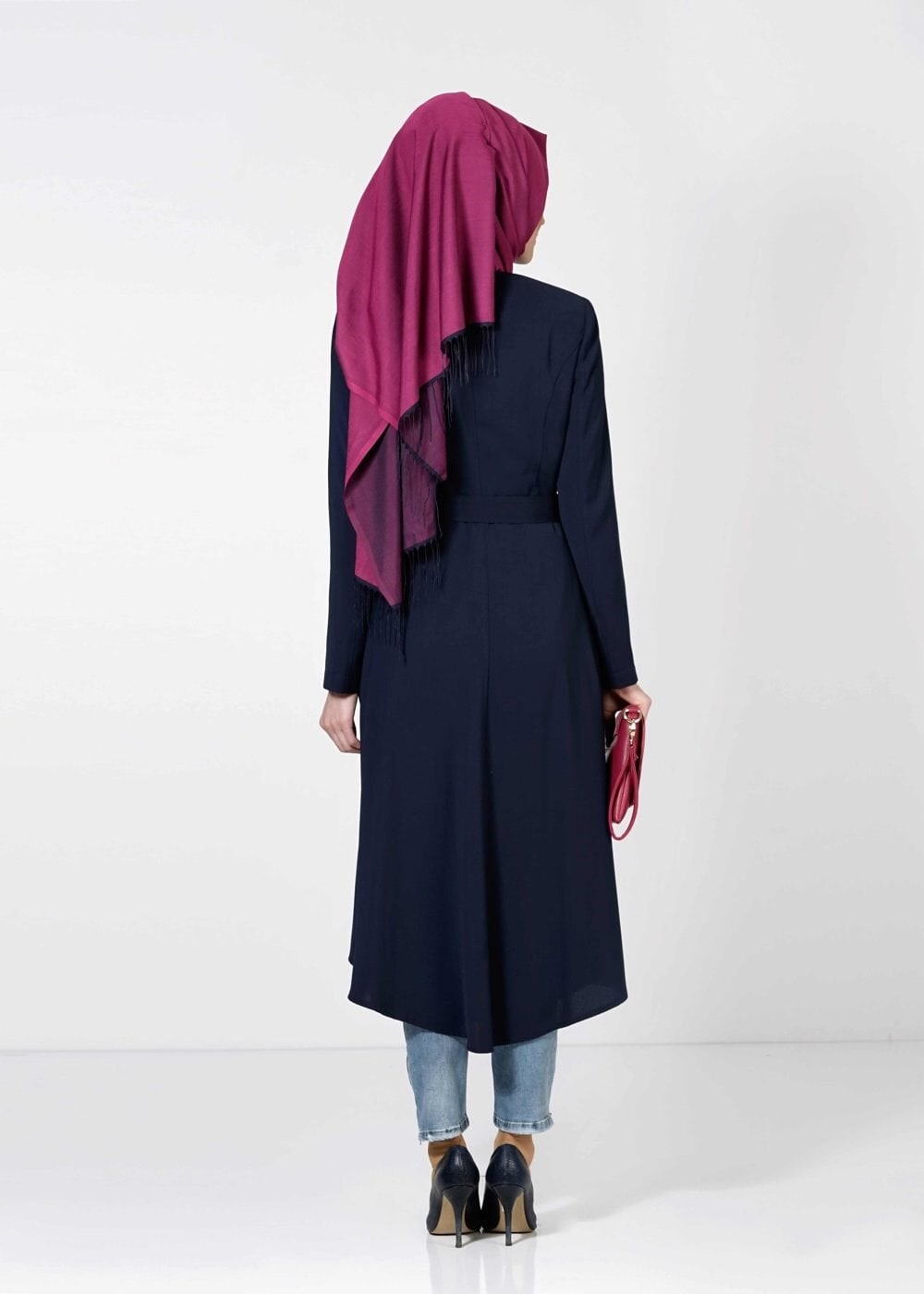 Tesettür giyim LACİVERT BELİ KUŞAKLI ÇOK RENKLİ TRENÇKOT 1604 