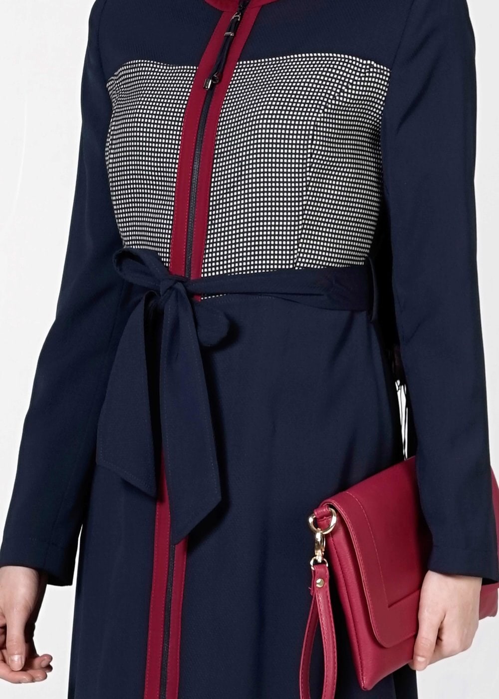 Tesettür giyim LACİVERT BELİ KUŞAKLI ÇOK RENKLİ TRENÇKOT 1604 