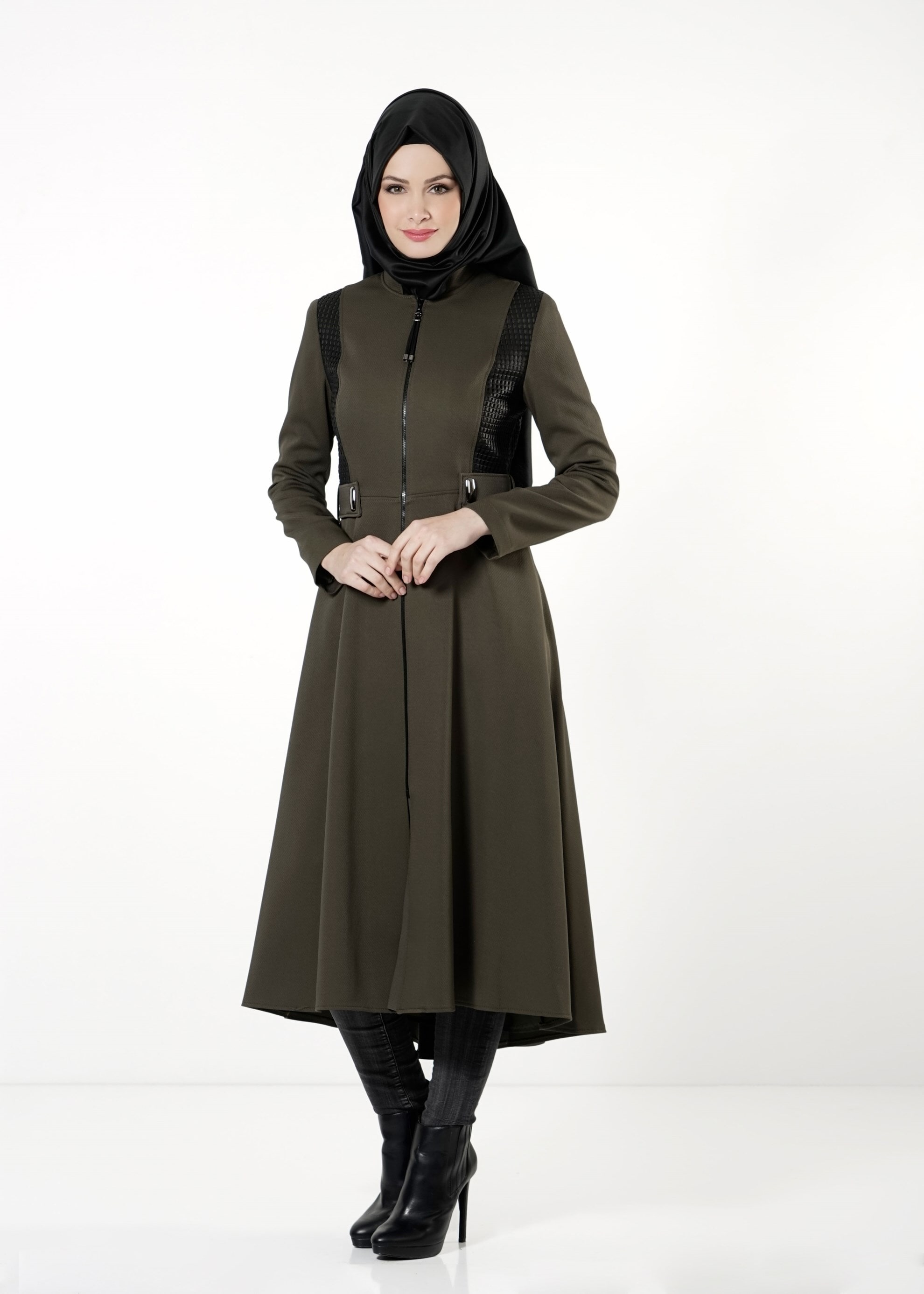 Tesettür giyim YEŞİL FERMUARLI TRENÇKOT 1605 