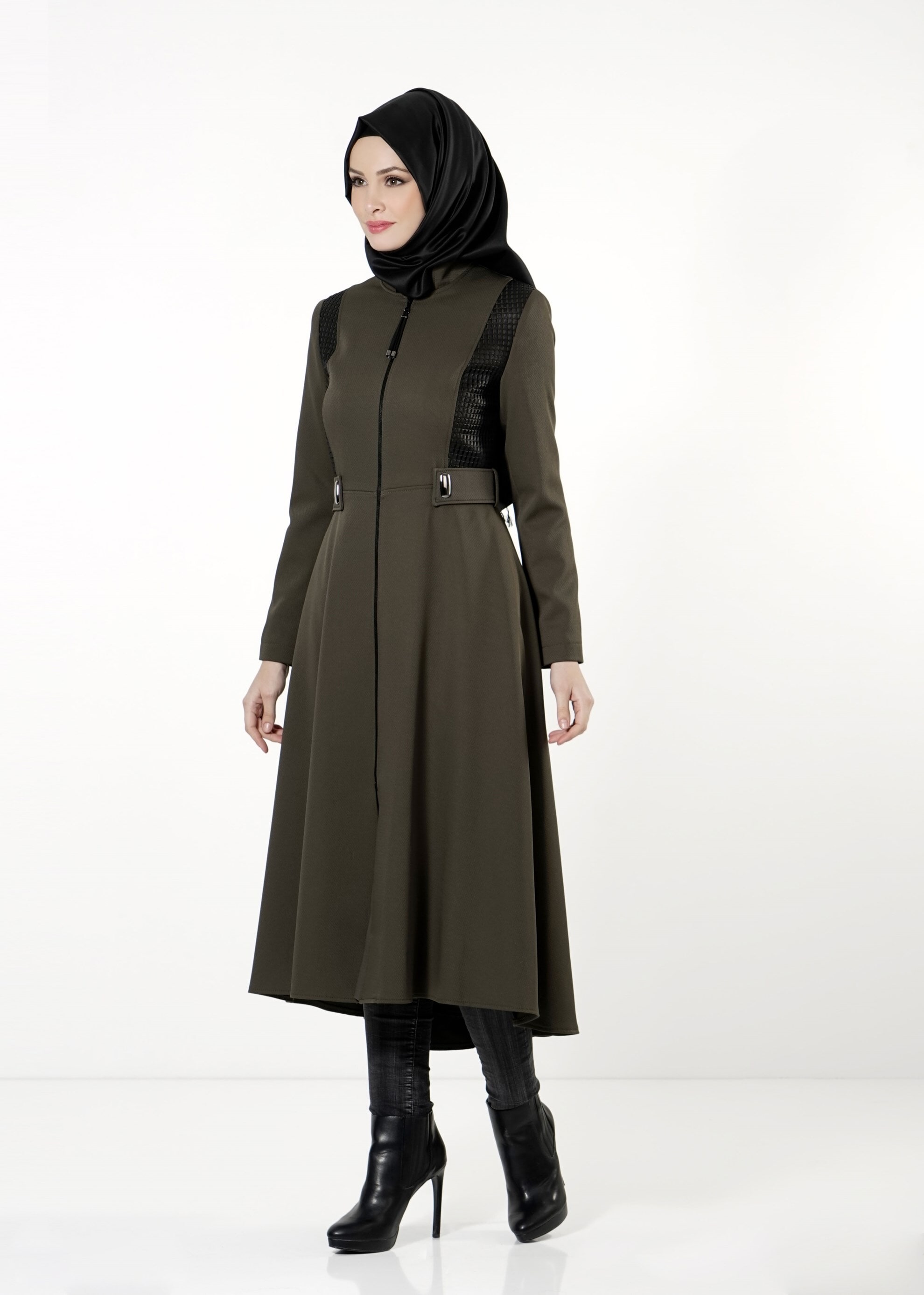 Tesettür giyim YEŞİL FERMUARLI TRENÇKOT 1605 