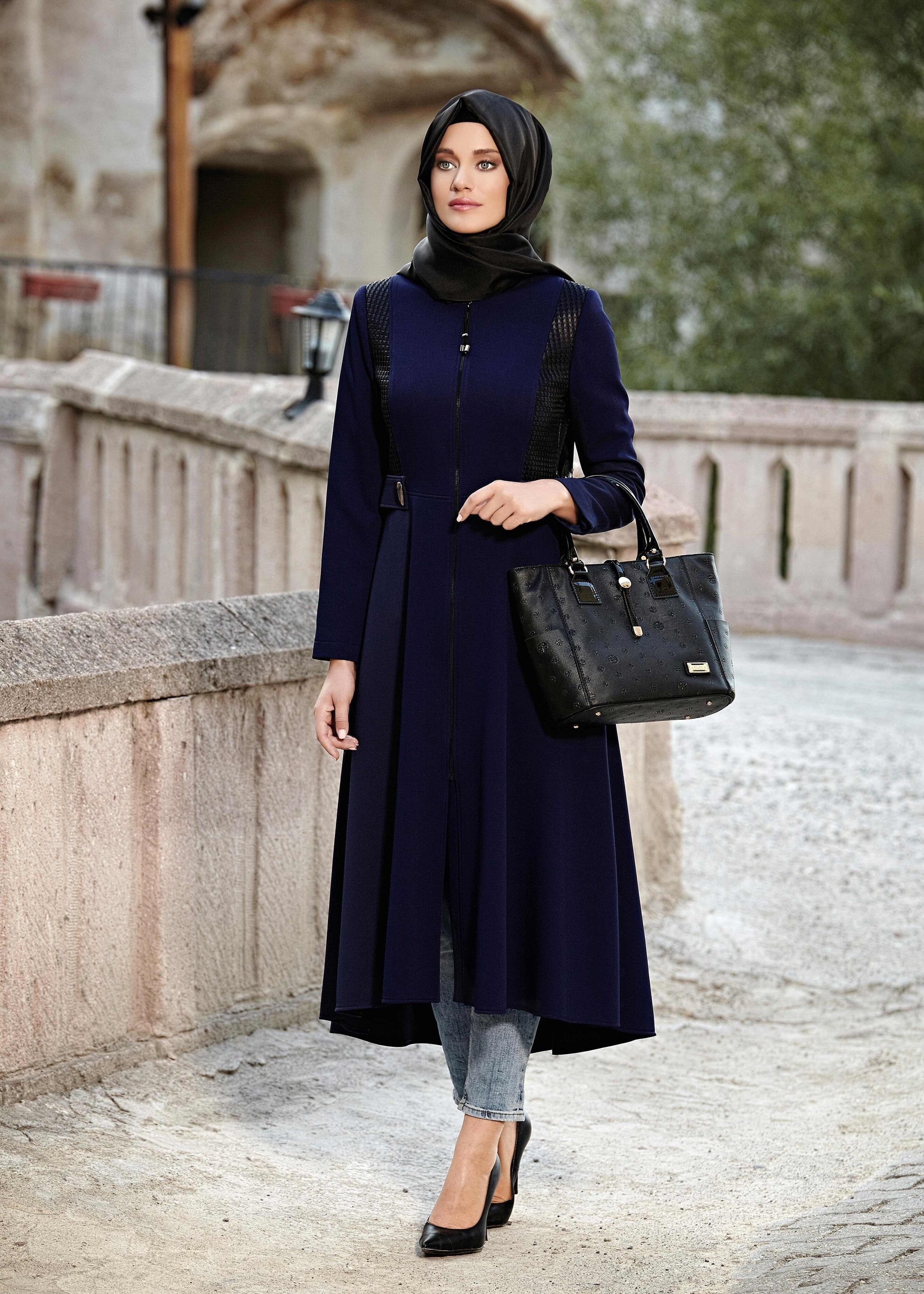 Tesettür giyim LACİVERT FERMUARLI TRENÇKOT 1605 