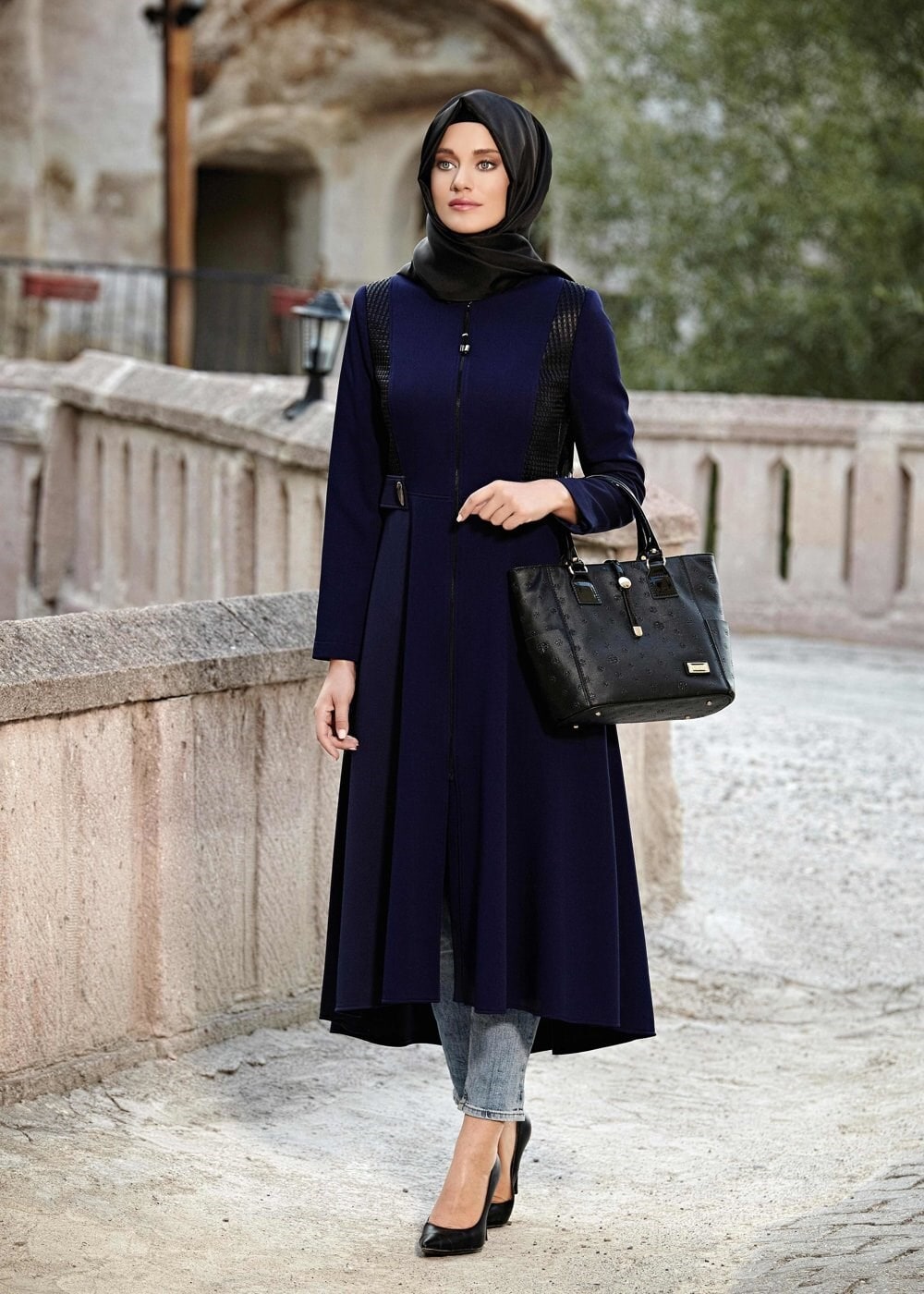 Tesettür giyim LACİVERT FERMUARLI TRENÇKOT 1605 