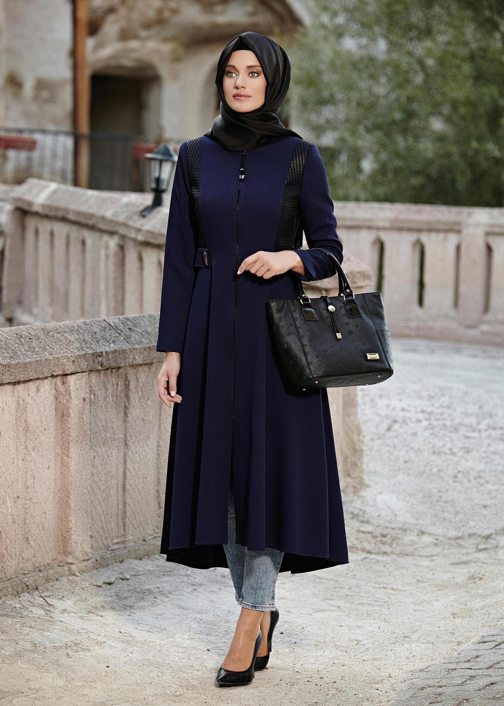 Tesettür giyim LACİVERT FERMUARLI TRENÇKOT 1605 